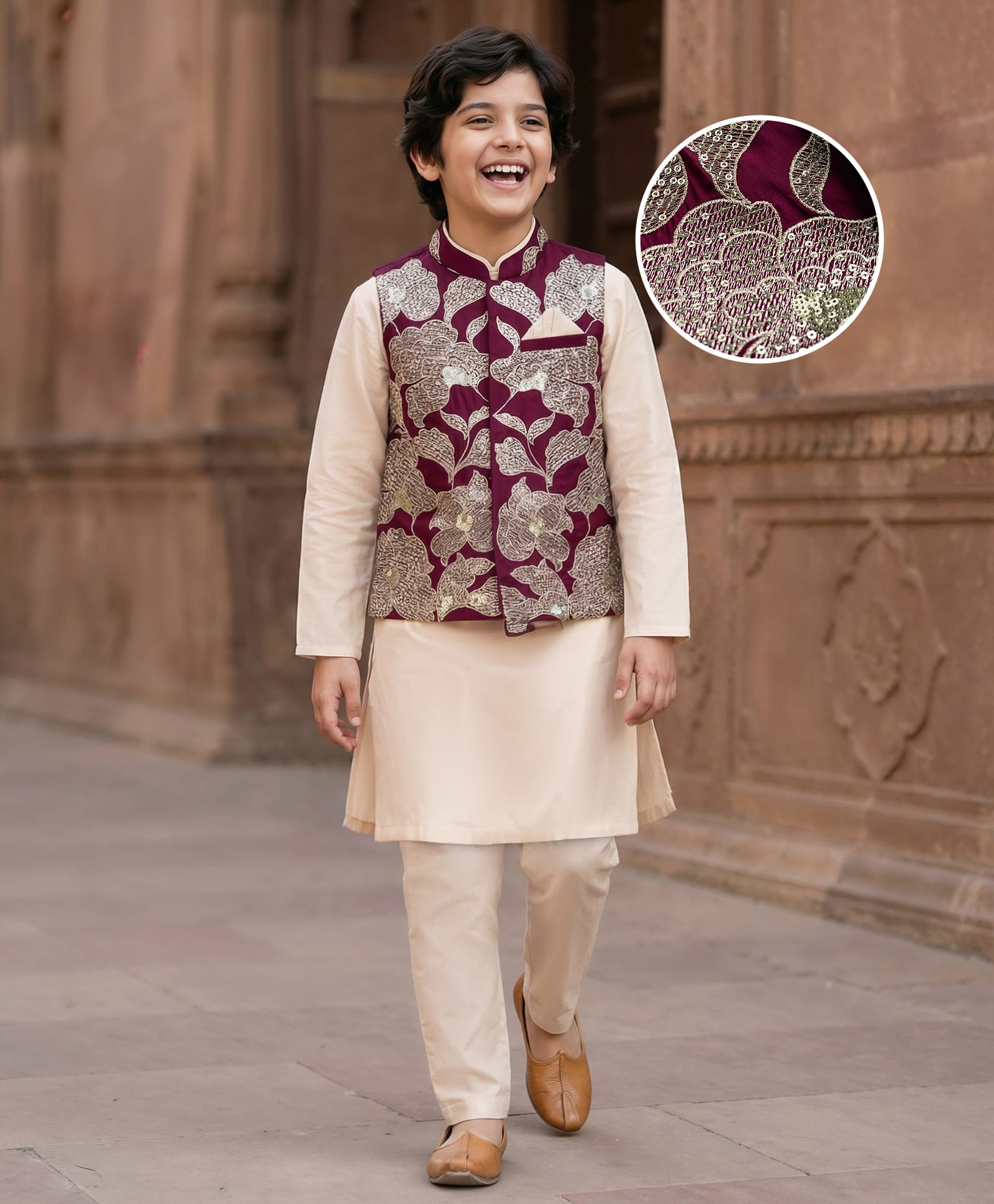 EARTHY TOUCH Woven Full Sleeves Kurta Pajama Set with Jacket Floral Embroidery & Sequin Detailing - Wine-image-26