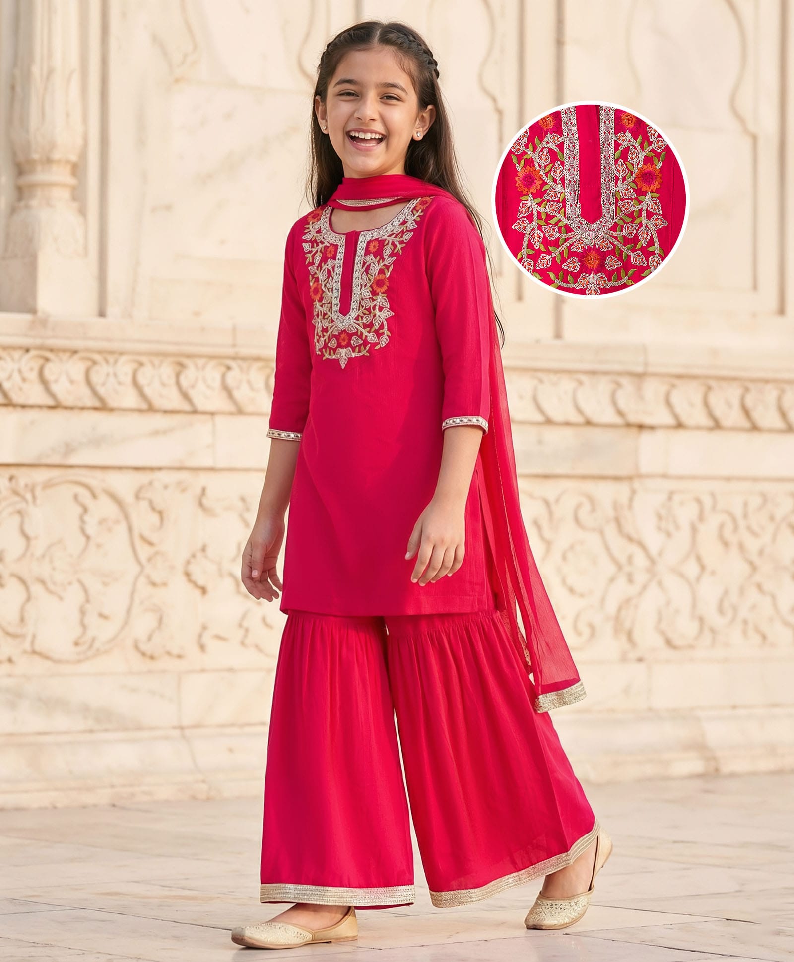 Pine Kids Woven Full Sleeves Kurti & Gharara & Dupatta Set With Floral Embroidery - Red