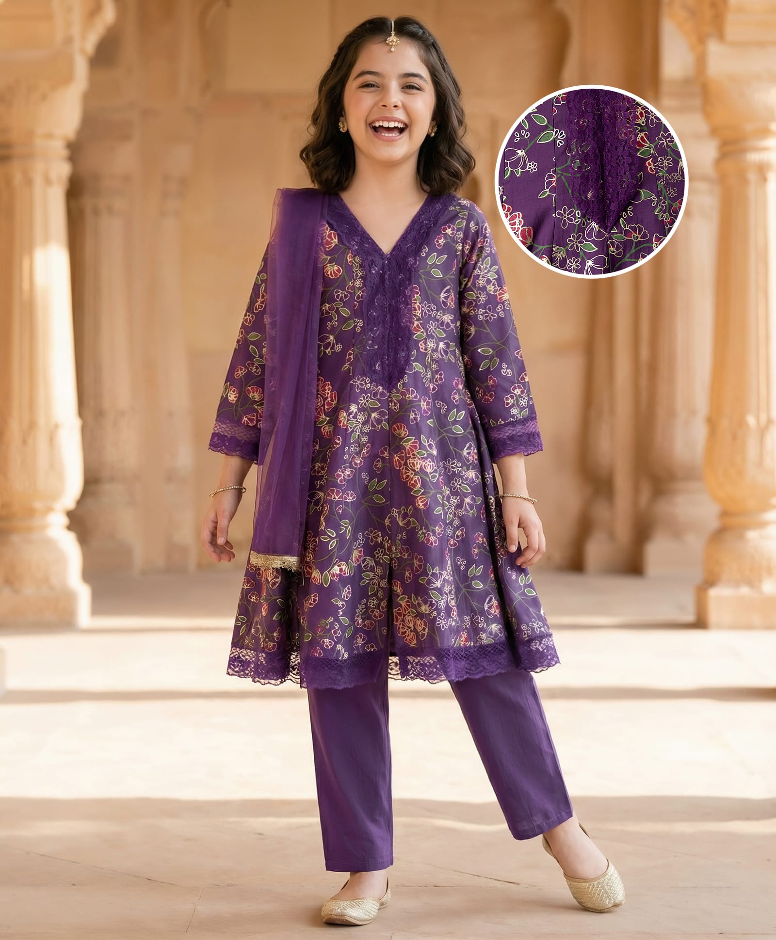 Pine Kids Full Sleeves Floral Printed Kurti & Chudidar Set With Dupatta - Purple-image-37