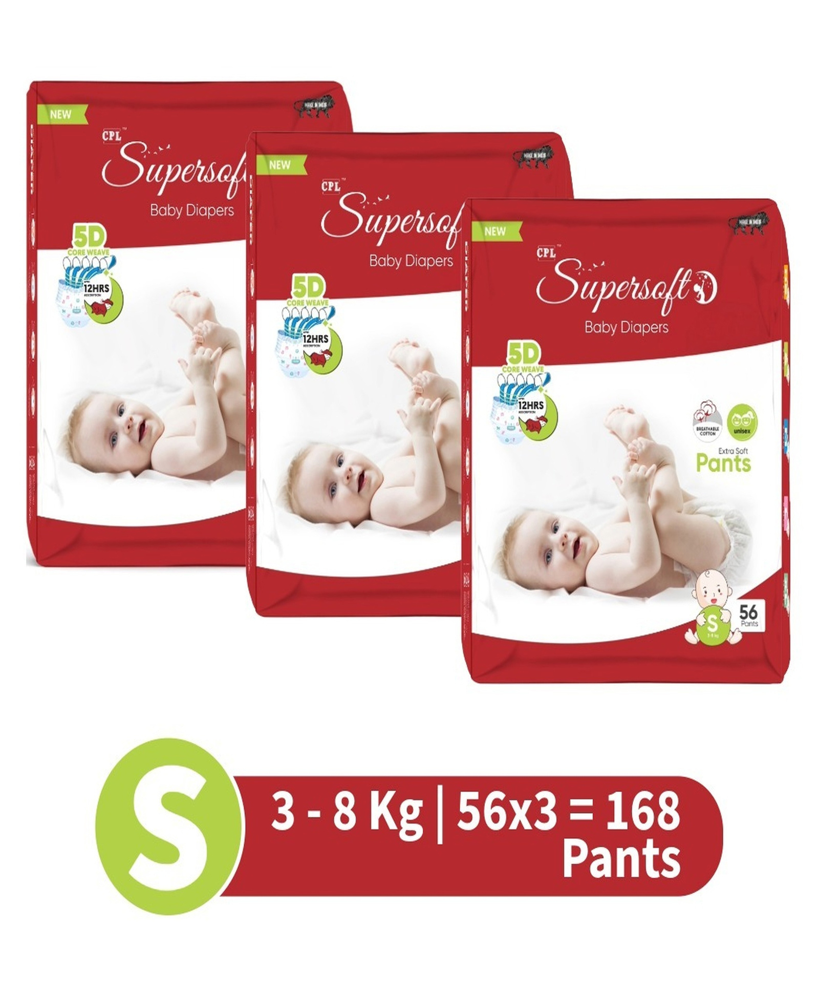 CPLSupersoft Baby Diaper Pant Style | Up to 12 Hours Absorption | 3 - 8 Kg Size S 168 Pieces - Pack of 3-image-16