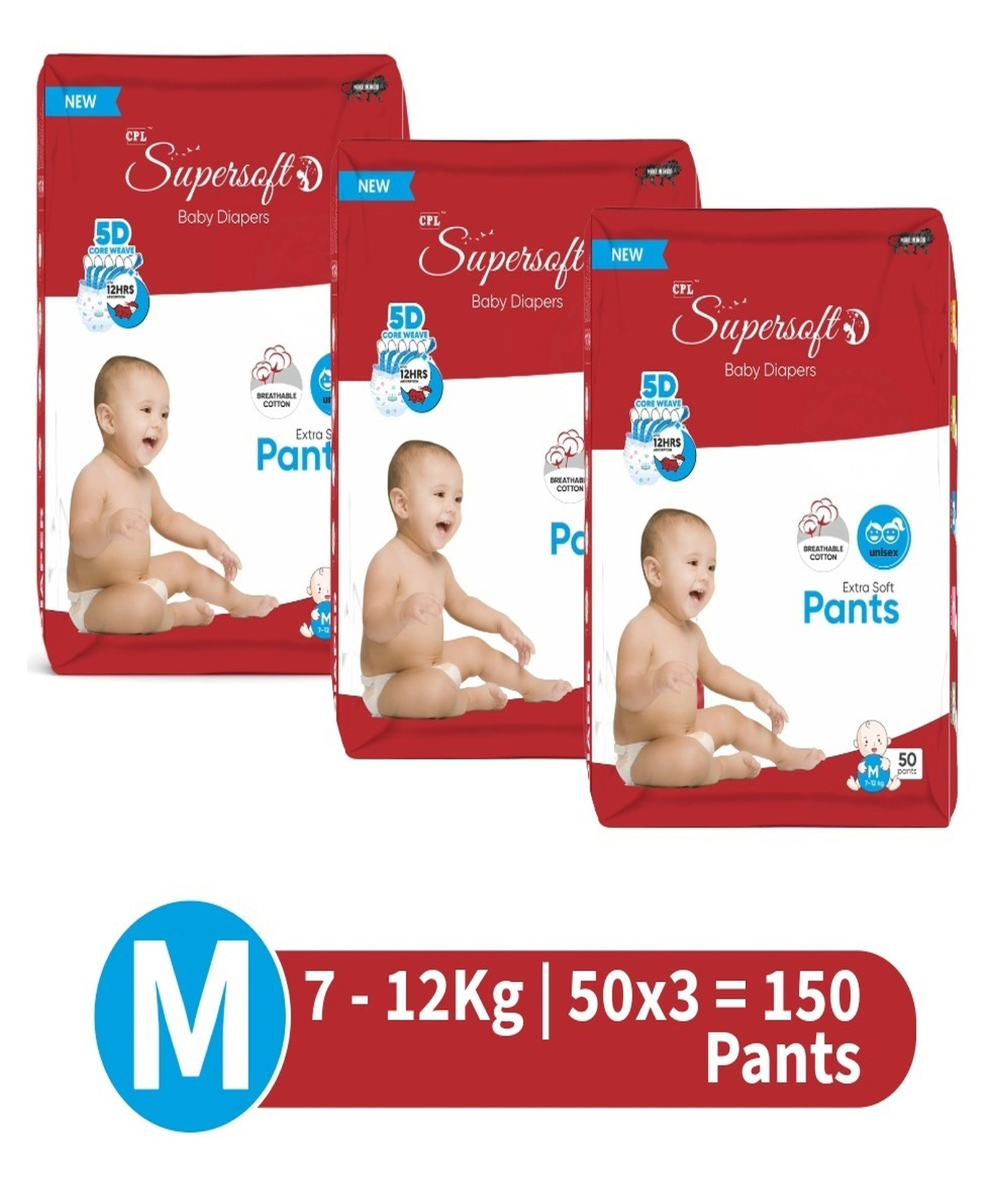 CPL SUPERSOFT Baby Diaper Pant Style | Up to 12 Hours Absorption | 7 - 12 Kg | Size - M 150 Pieces - Pack of 3-image-12