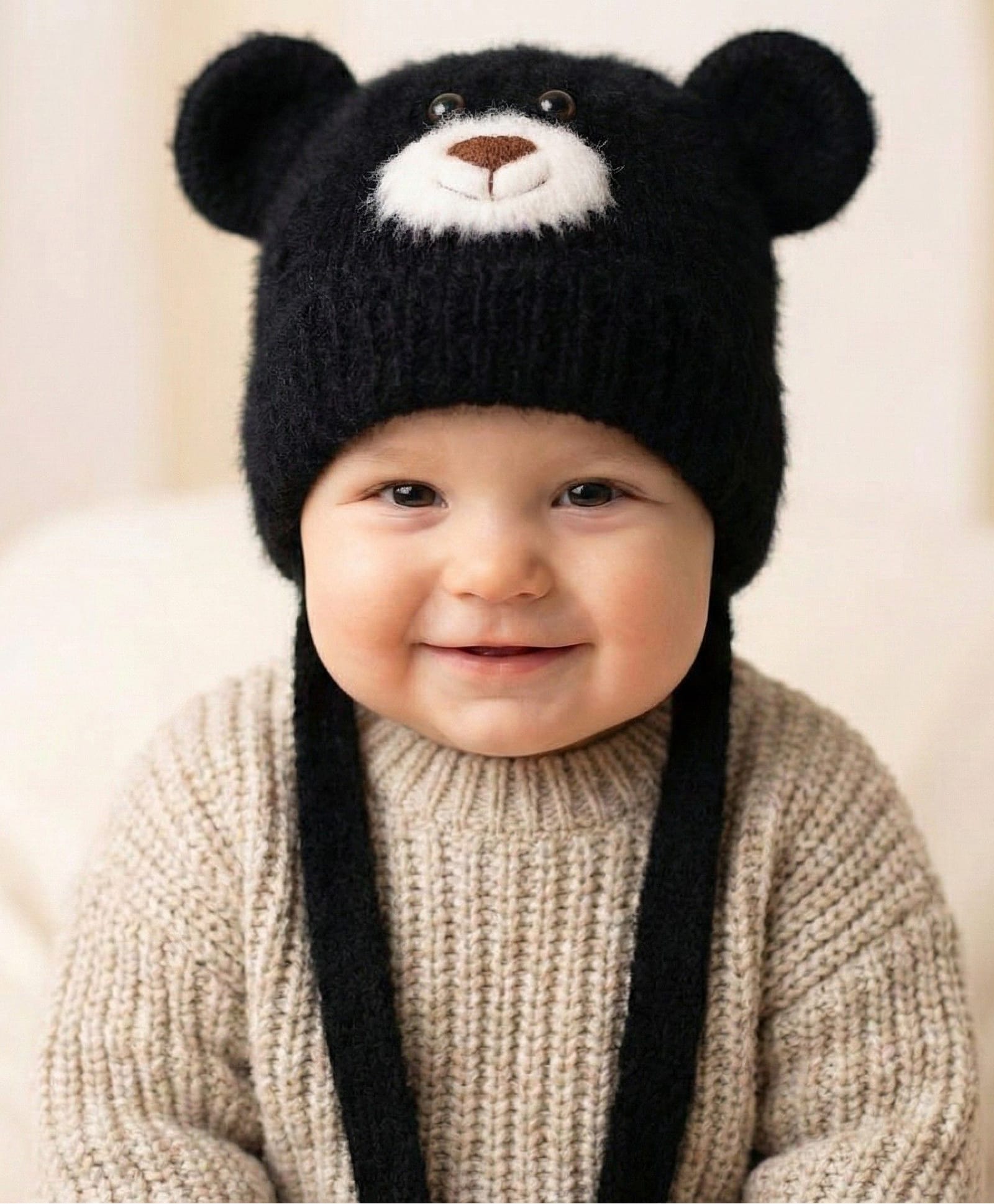 Ziory Woollen Knit Animal Designed Ear Applique Detailed Cap - Black - Circumference - 46 - 50 Cm-image-11