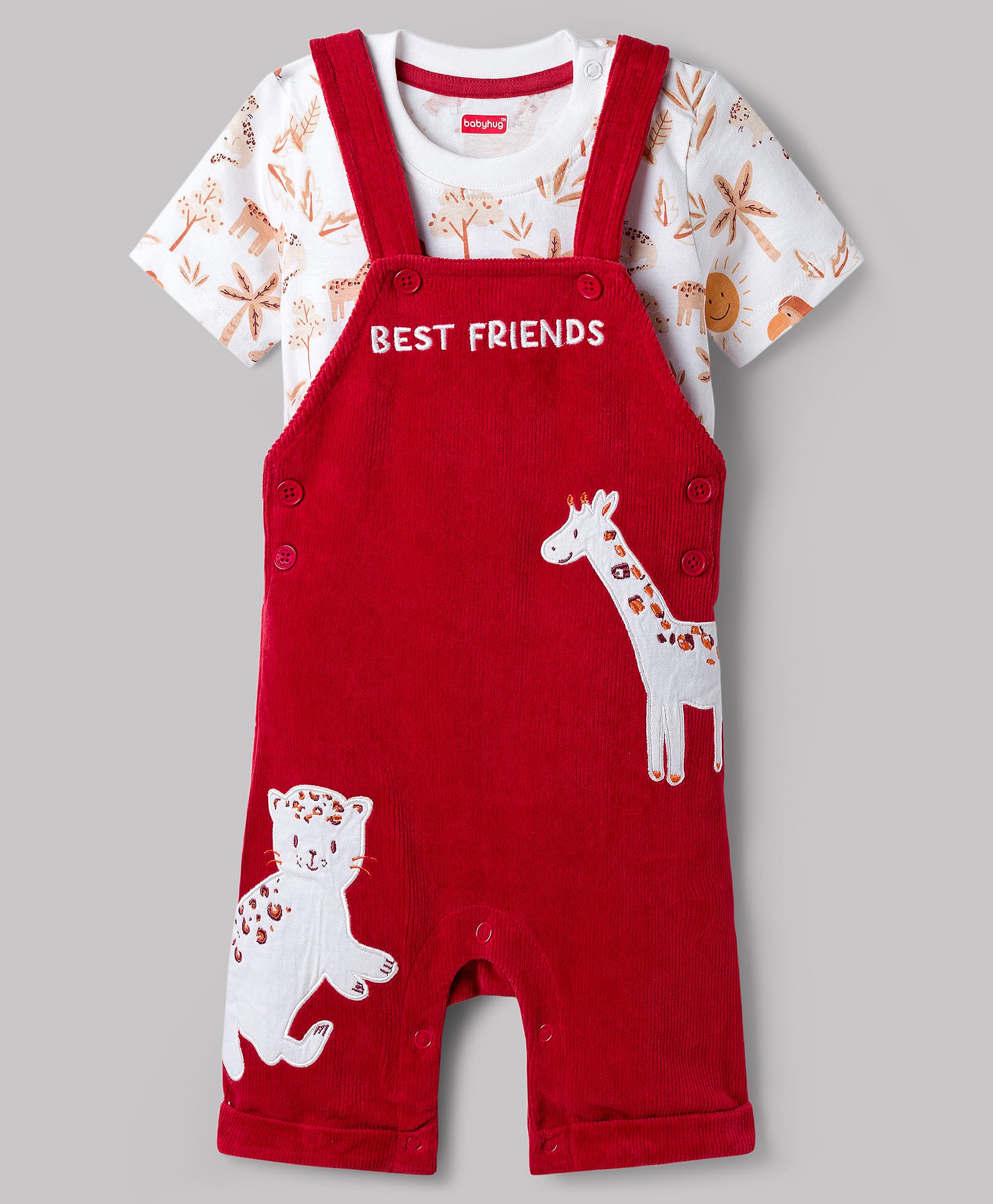 Babyhug Single Jersey Knit Half Sleeves T-Shirt & Dungarees with Jungle Safari Theme Print & Embroidery - Maroon-image-35