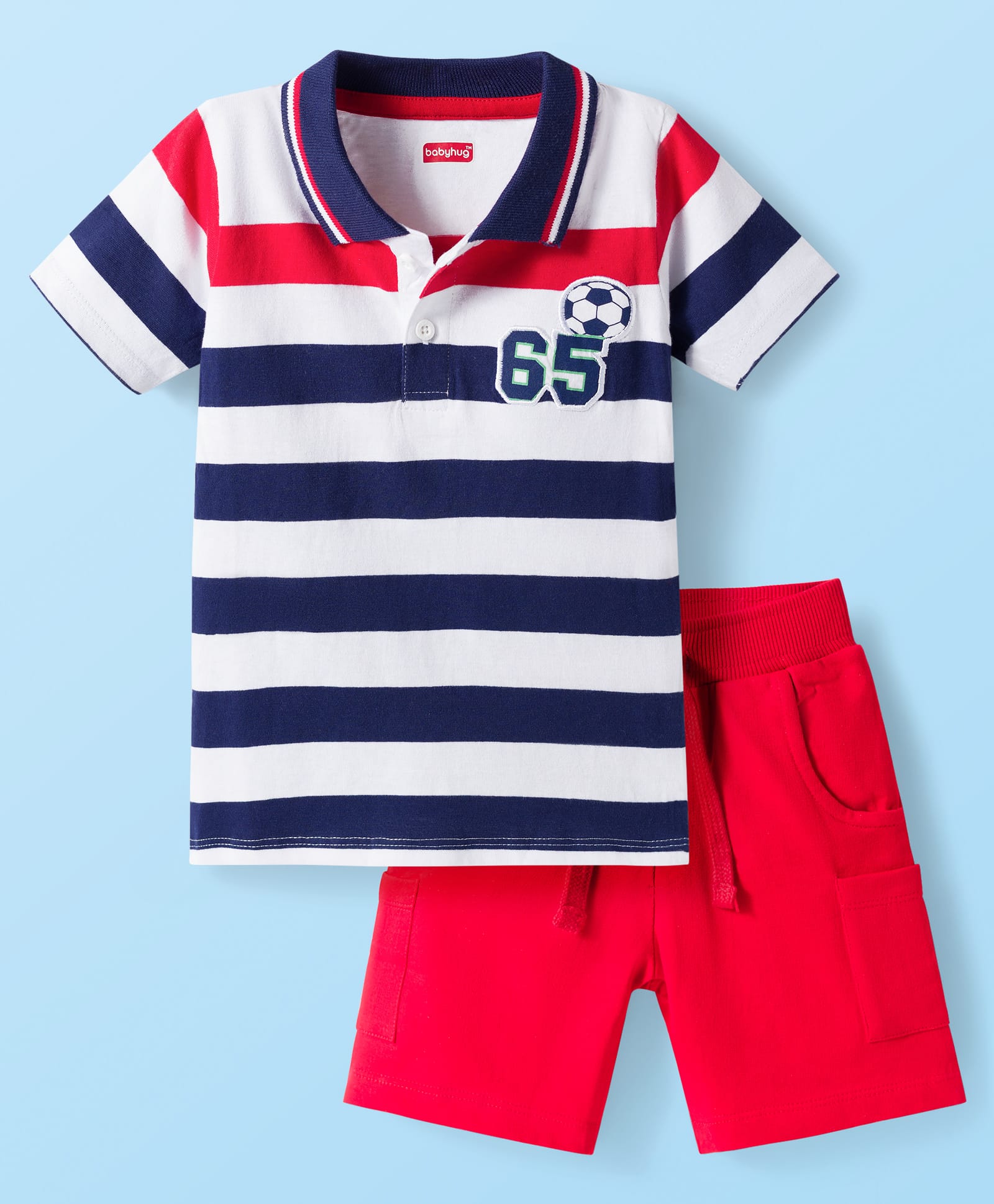 Babyhug Single Jersey Knit Half Sleeves Striped Polo T-Shirt & Shorts Set - Red-image-27