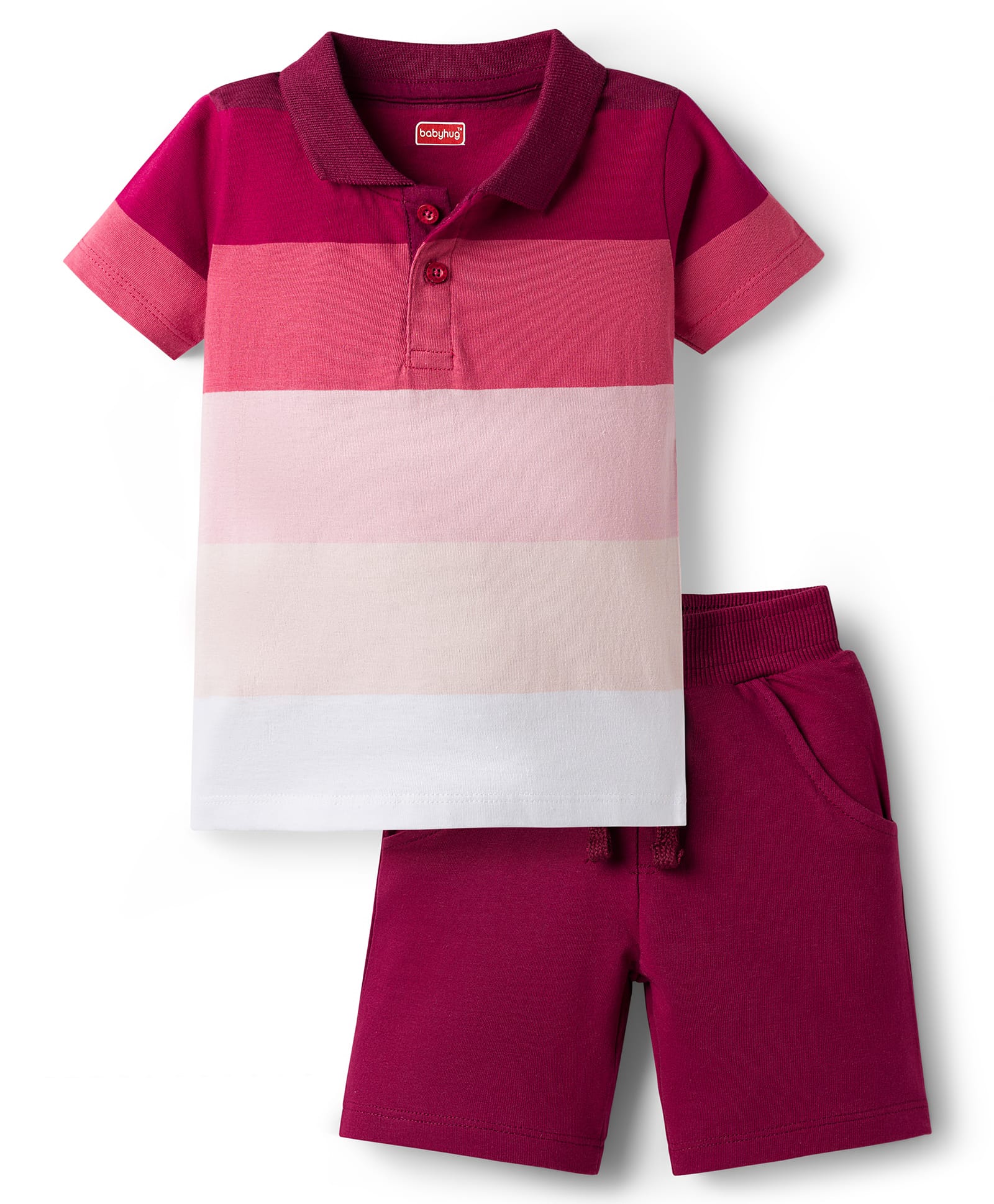 Babyhug Single Jersey Knit Half Sleeves Striped Polo T-Shirt & Shorts Set - Maroon-image-5
