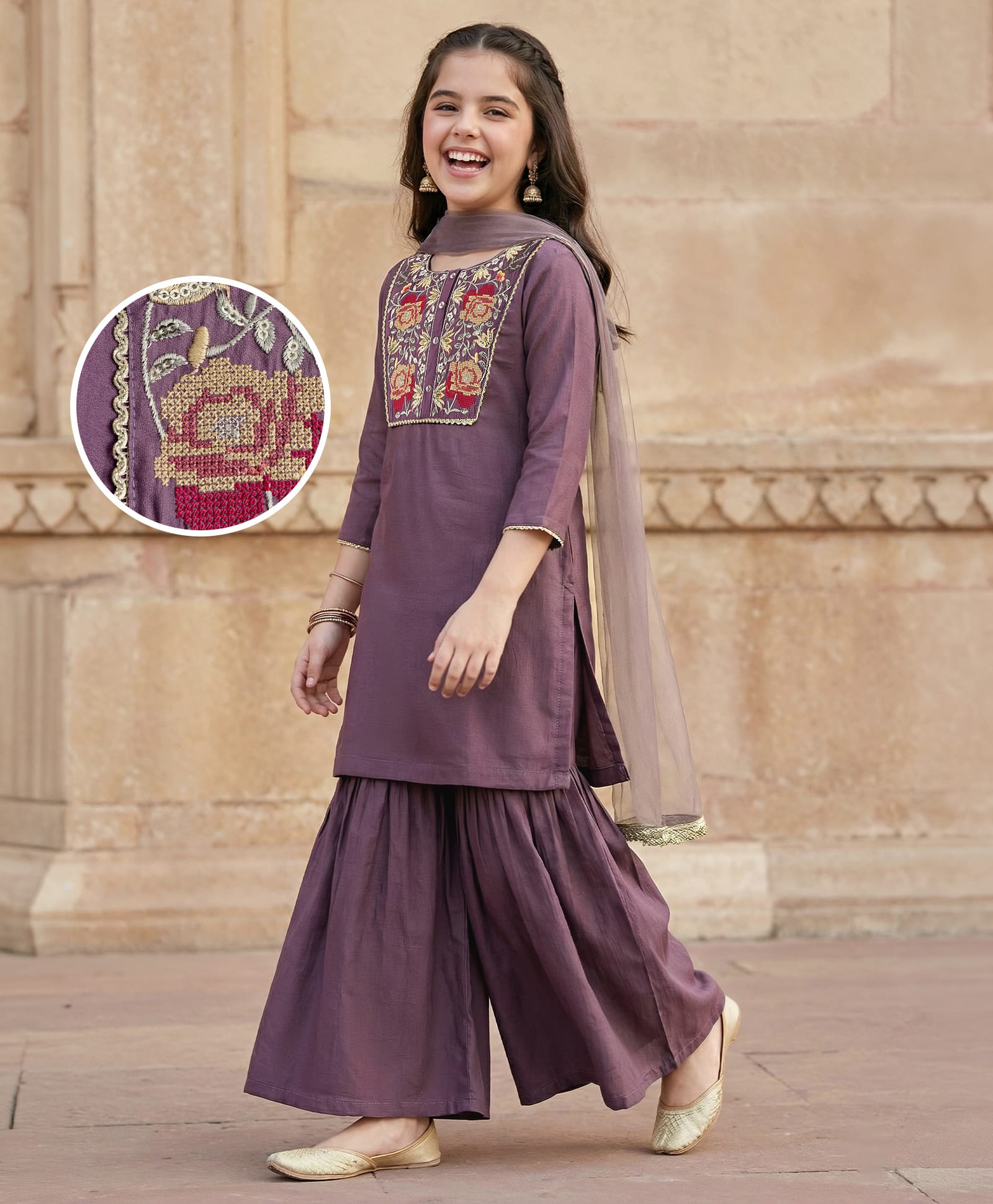 Pine Kids Woven Full Sleeves Kurti Gharara Set with Dupatta & Floral Embroidery - Purple-image-21