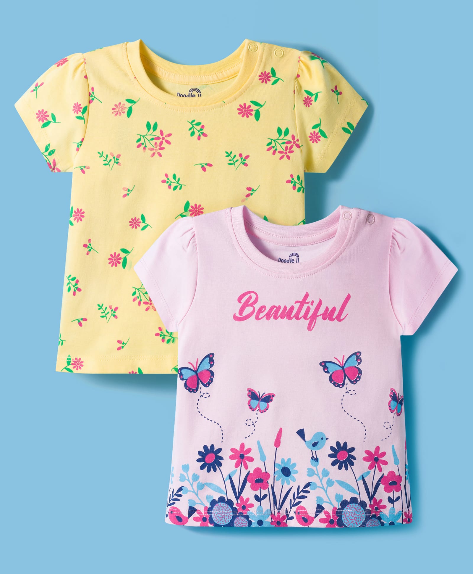 Doodle Poodle 100% Cotton Knit Half Sleeves T-Shirts with Floral Print Pack of 2 - Pink & Yellow-image-32