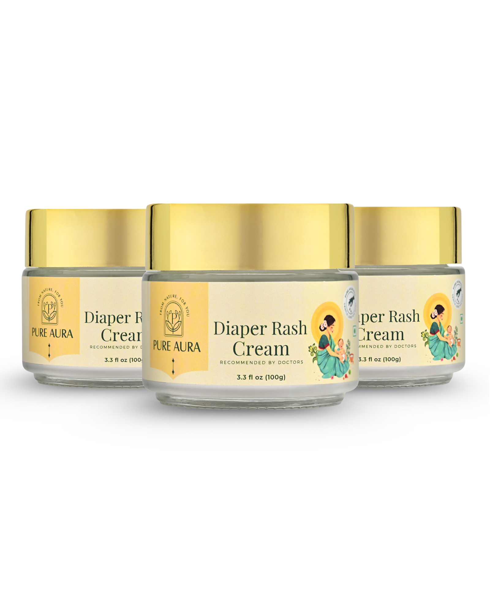 Pure Aura Diaper Rash Cream Pack of 3 | 100g Each | Fast Rash Relief & Redness Protection | Sensitive Skin Safe