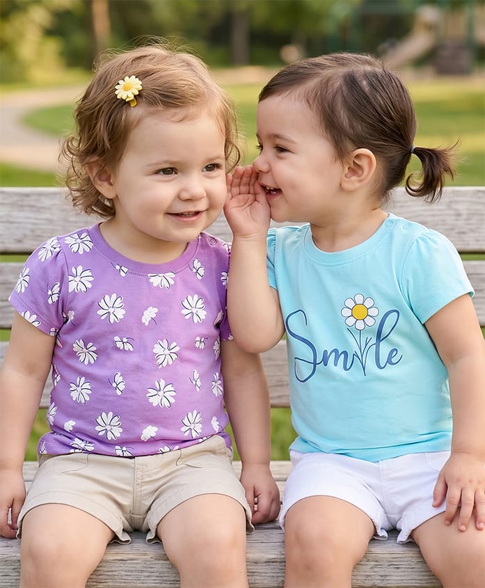 Doodle Poodle 100% Cotton Knit Half Sleeves T-Shirts With Floral Print Pack of 2 - Purple & Turquoise-image-28