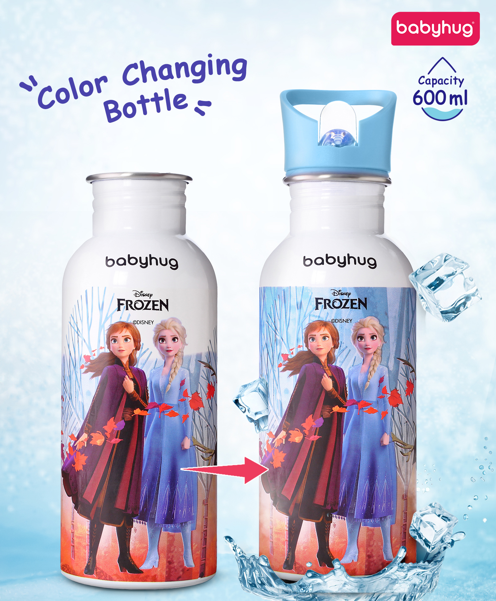 Babyhug Disney Frozen Theme Stainless Steel Color Changing Magic Bottle Multicolor - 600ml| Leak Resistant| BPA Free| Rust Proof| Food Grade 304 SS| Soft Silicone Spout-picture-12