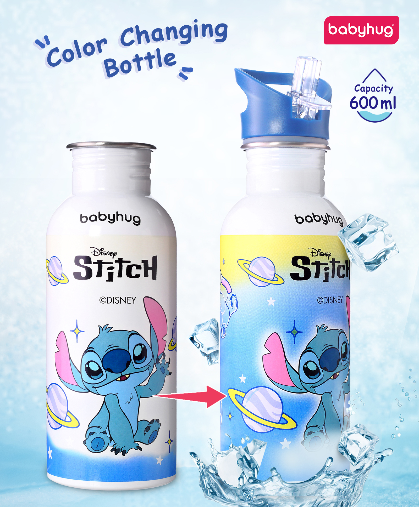 Babyhug Disney Stitch Theme Stainless Steel Color Changing Magic Bottle Multicolor - 600ml| Leak Resistant| BPA Free| Rust Proof| Food Grade 304 SS| Soft Silicone Spout-image-6