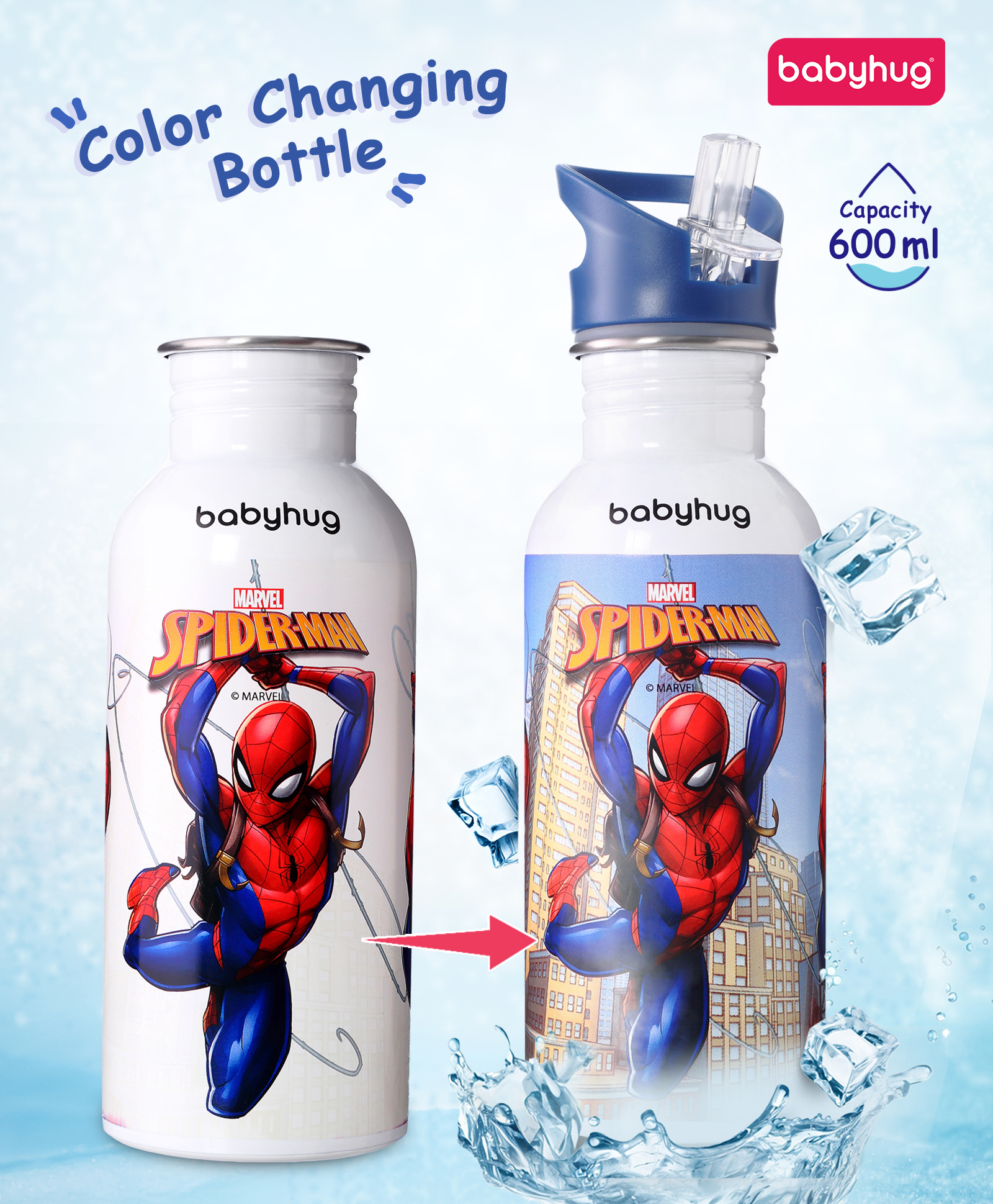 Babyhug Marvel SpiderMan Theme Stainless Steel Color Changing Magic Bottle Multicolor - 600ml| Leak Resistant| BPA Free| Rust Proof| Food Grade 304 SS| Soft Silicone Spout-image-7