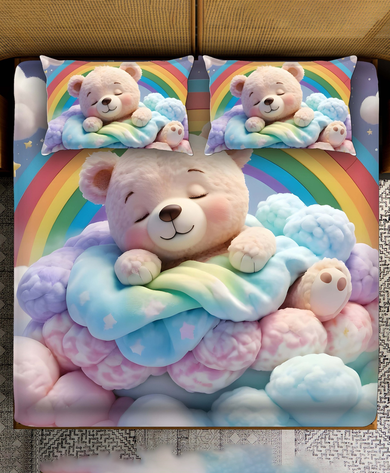 BHAIJI BEDSHEETS 220TC Glace Cotton Bed Sheet Double Bed With 2 Pillow Covers Full HD Digital Prints - Teddy Bear Rainbow Print-image-42