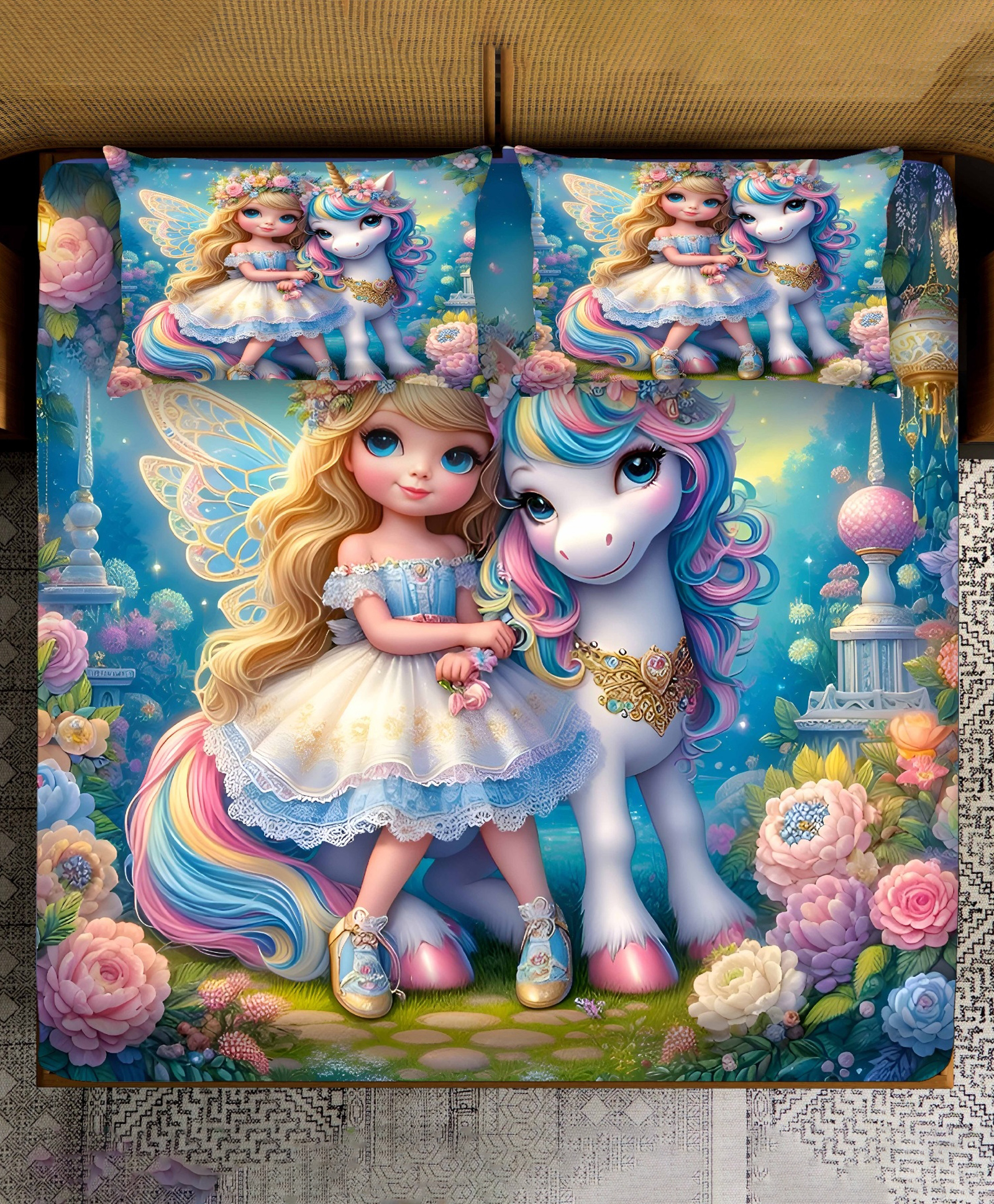 BHAIJI BEDSHEETS 220TC Glace Cotton Bed Sheet Double Bed With 2 Pillow Covers Full HD Digital Prints - Unicorn Princess Blue-image-20