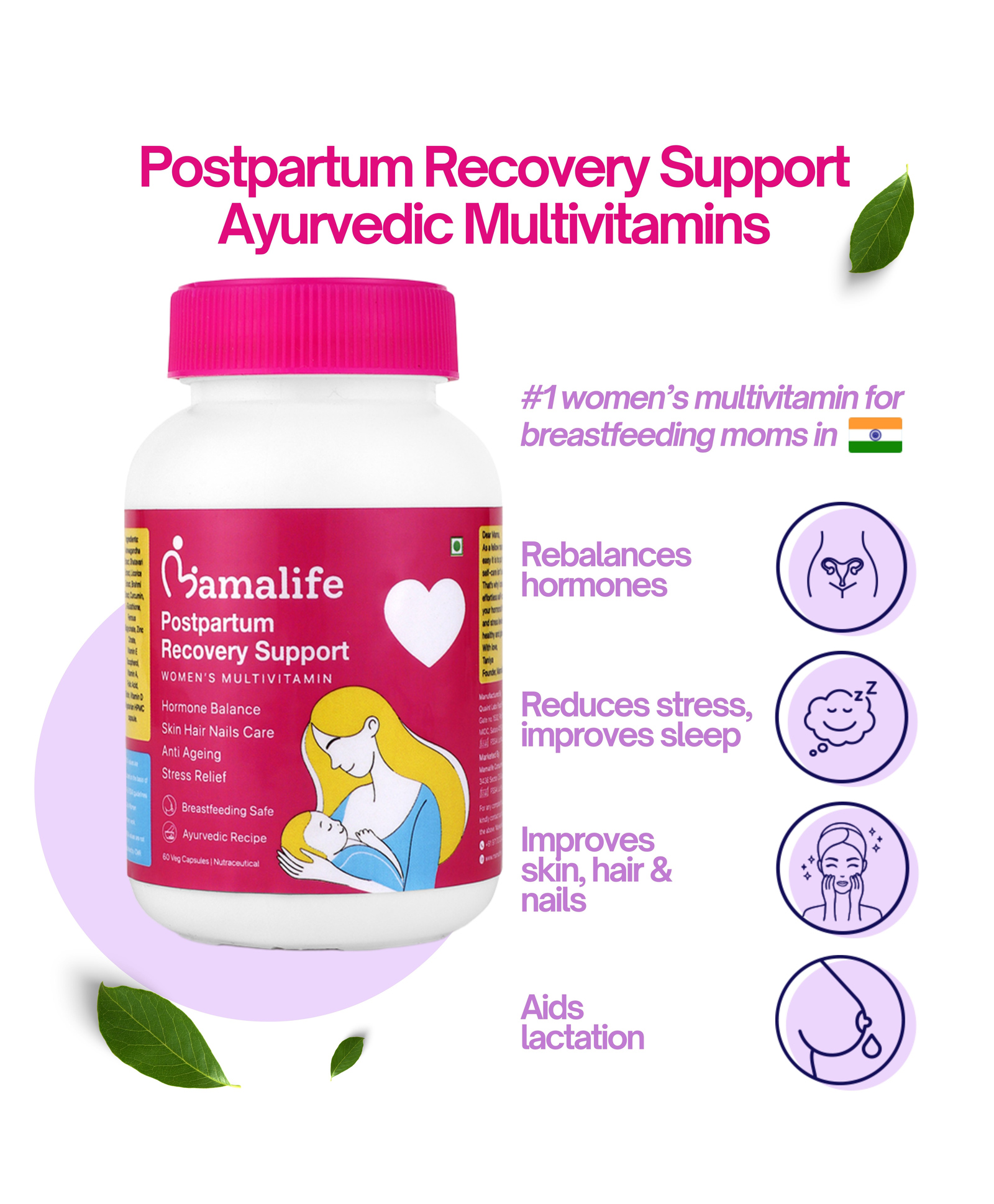 Mamalife Lacta Heal Ayurvedic Multivitamin For Postpartum Mothers - Hormonal Balance, Hair, Skin & Nail Health - 60 Capsules. Pack of 1.