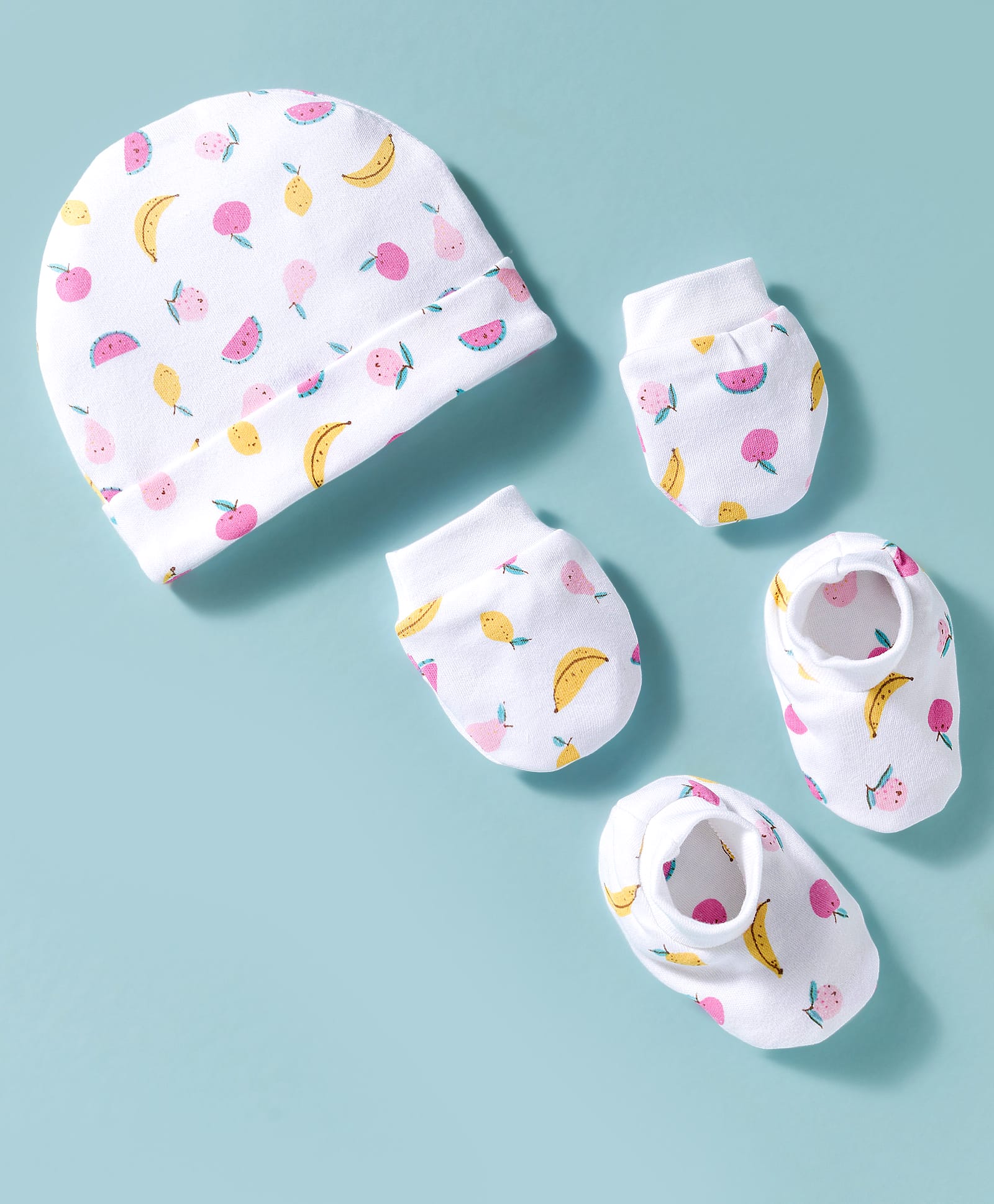 Simply Interlock Knit Cap Mittens Booties With Banana Print White - Diameter 16 cm-picture-14