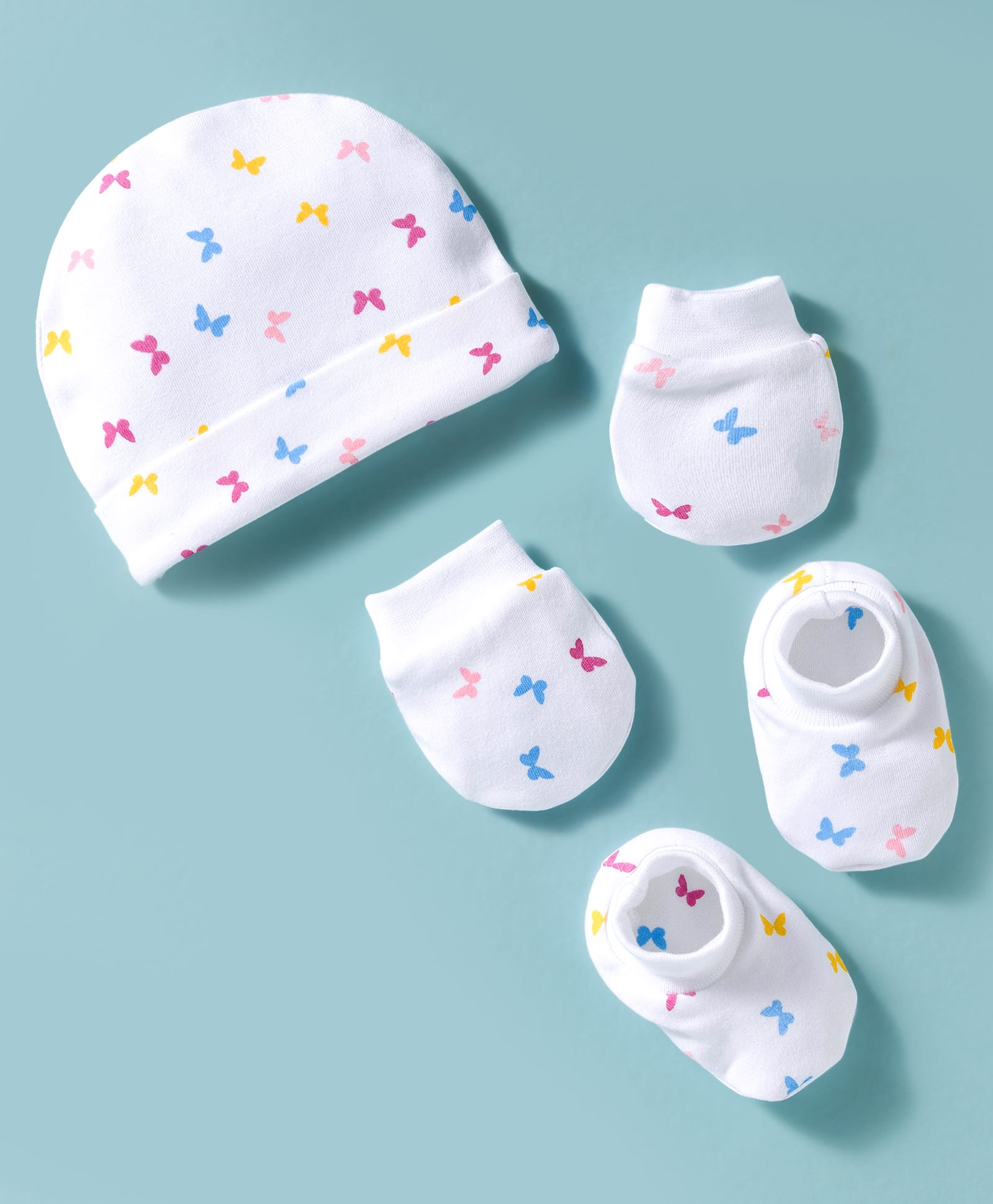 Simply Interlock Knit Cap Mittens & Booties With Butterfly Print White - Diameter 15 cm