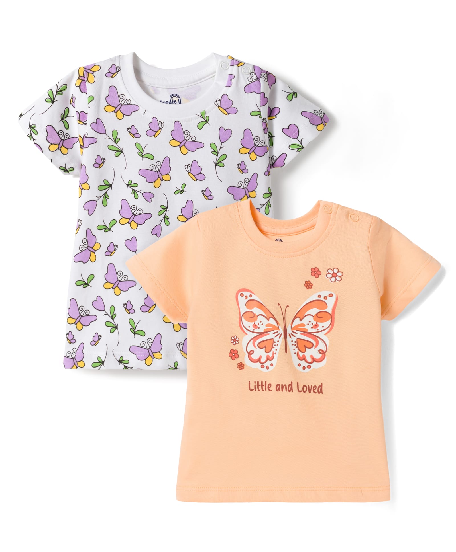 Doodle Poodle 100% Cotton Knit Half Sleeves T-Shirts with Butterfly Print Pack of 2 - White & Peach-picture-15