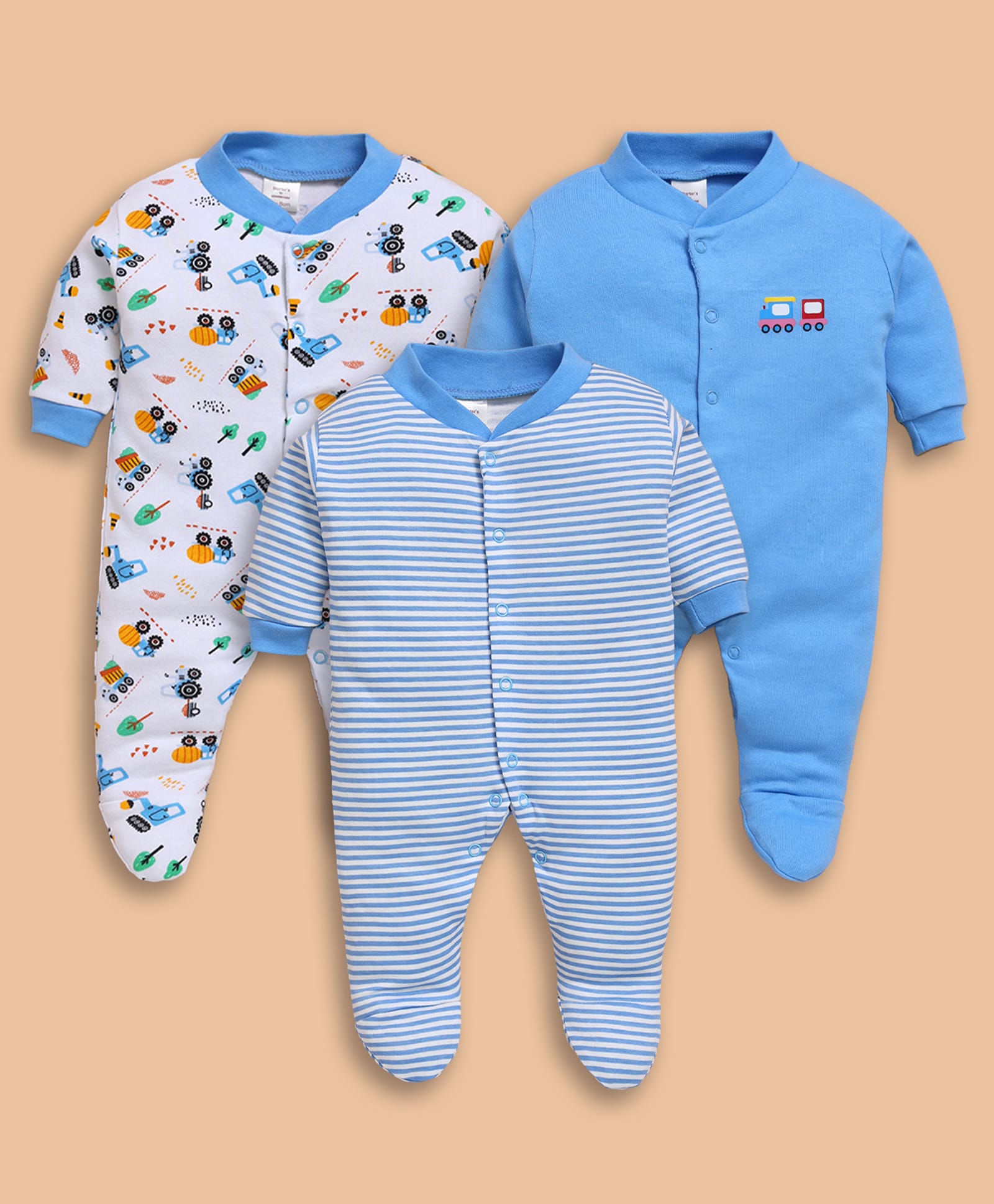 Wonderchild Pack Of 3 Full Sleeves Construction Vehicles Printed & Striped Footed Sleepsuit - Turquoise Blue-image-23