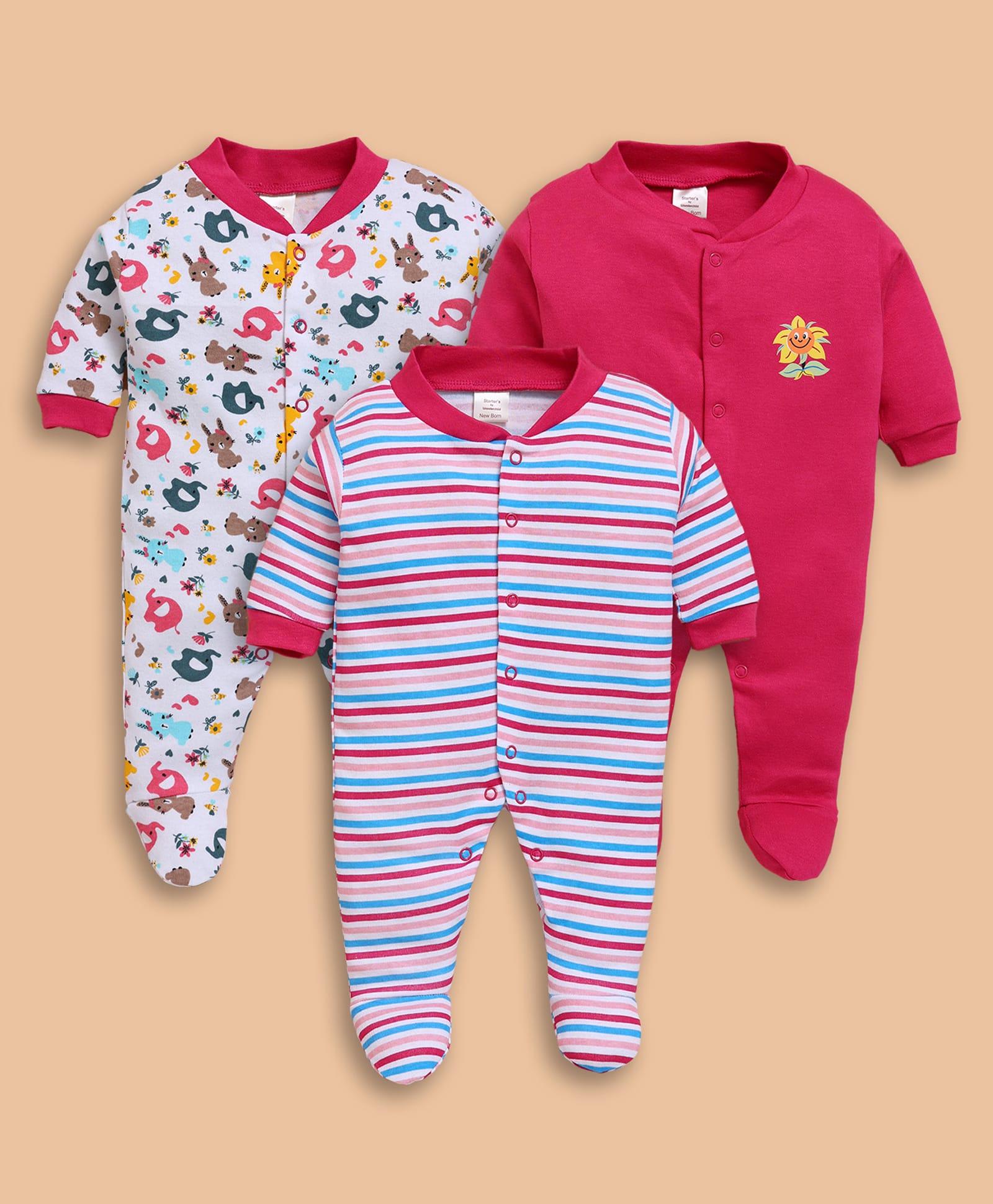 Wonderchild Pack Of 3 Full Sleeves Animals Printed & Striped Footed Sleepsuit - Rani Pink-image-25