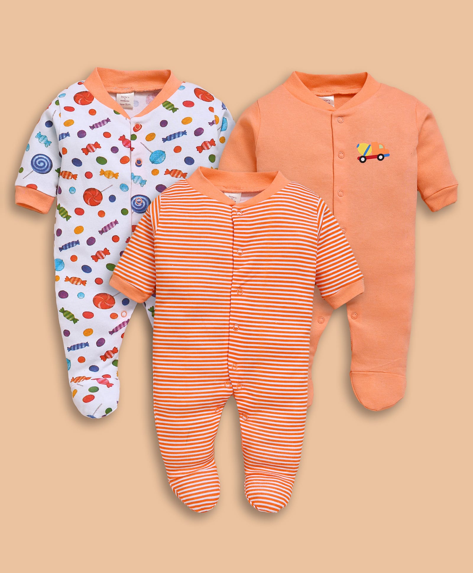 Wonderchild Pack Of 3 Full Sleeves Candy Printed & Striped Footed Sleepsuit - Orange-image-25