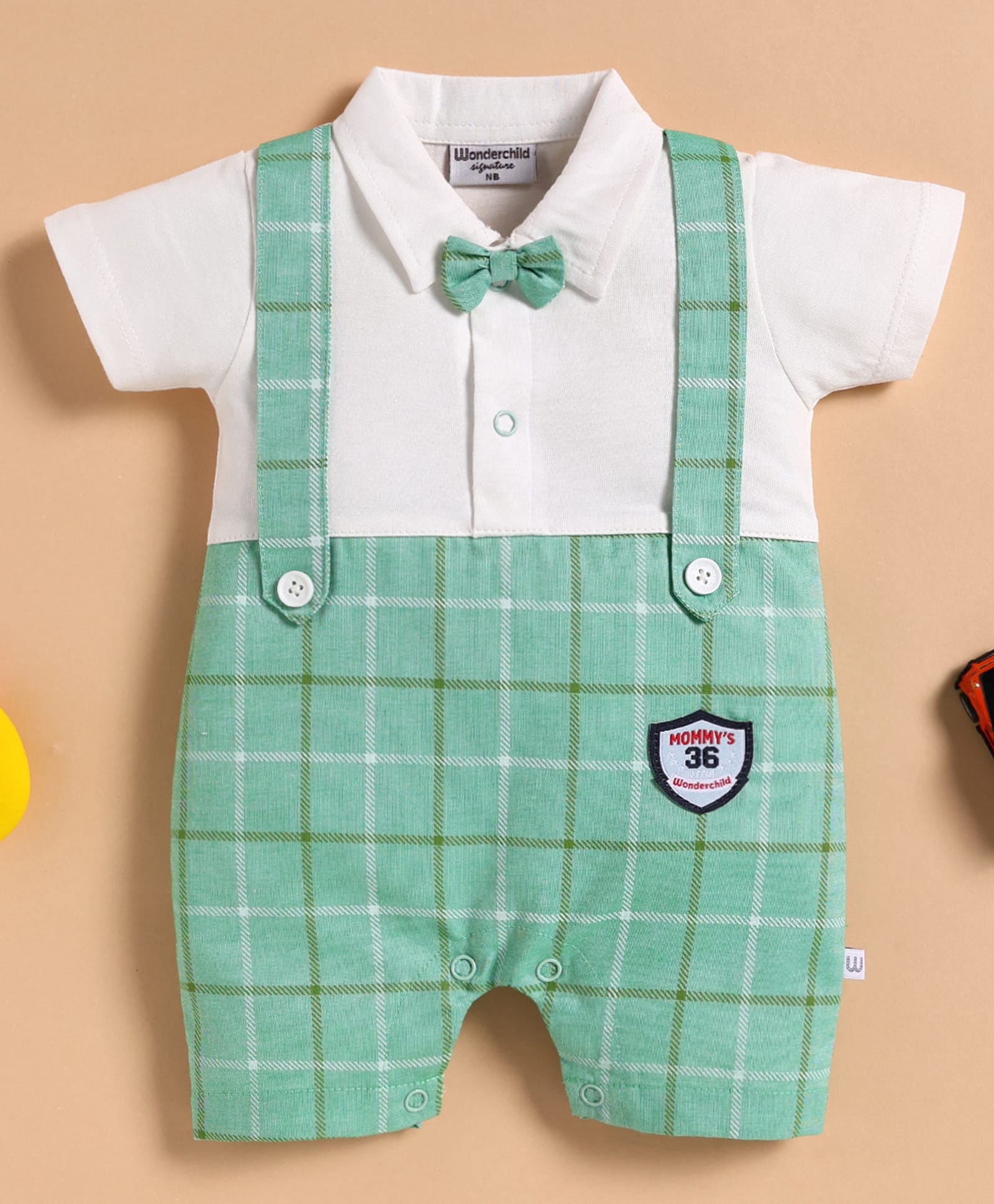 Wonderchild Half Sleeves Checked & Typography Patch & Bow Applique Detailed Romper With Attached Suspenders - White & Green-image-29