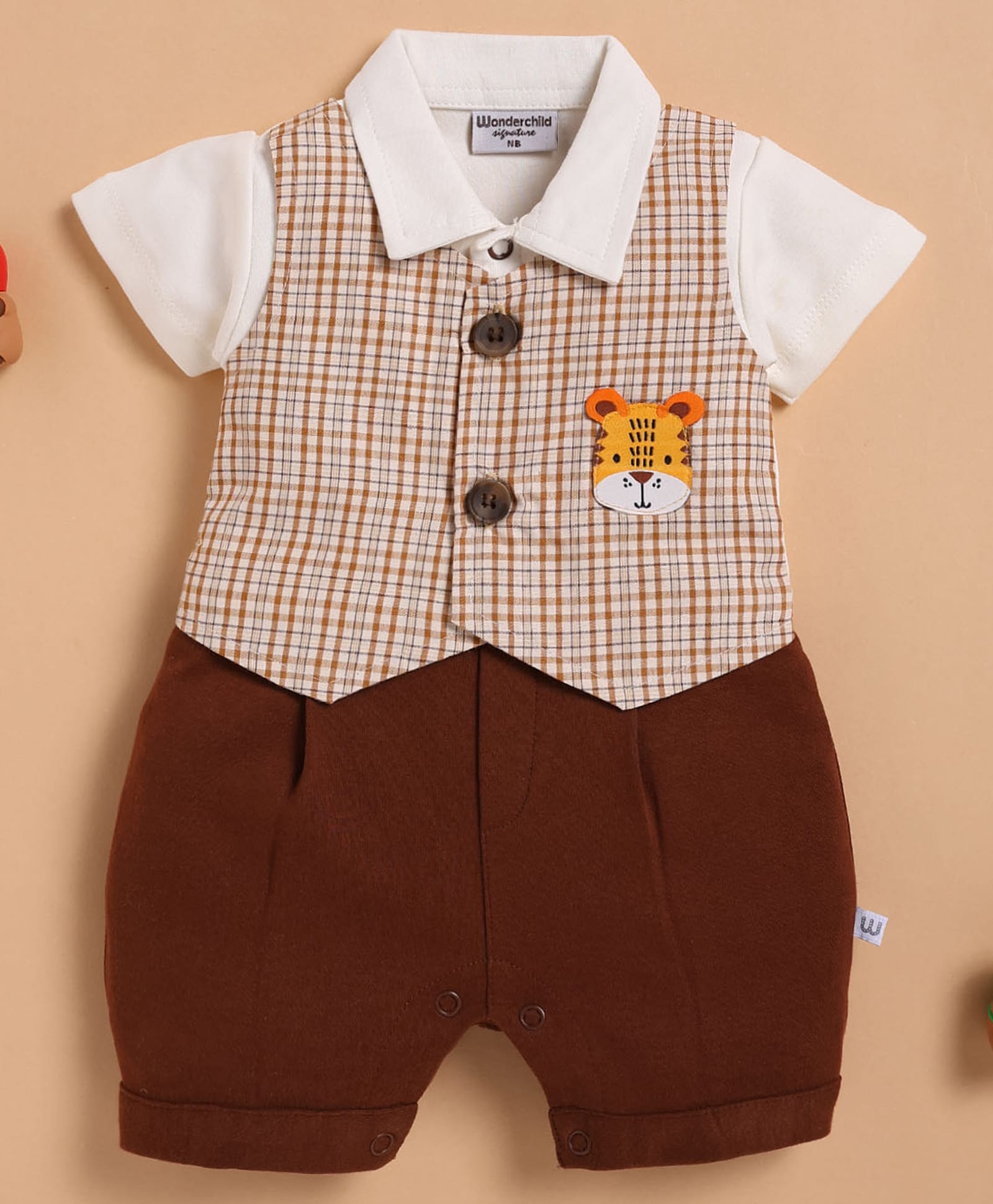 Wonderchild Half Sleeves Romper With Checked & Tiger Face Applique Detailed Attached Waistcoat - White & Chocolate-image-48