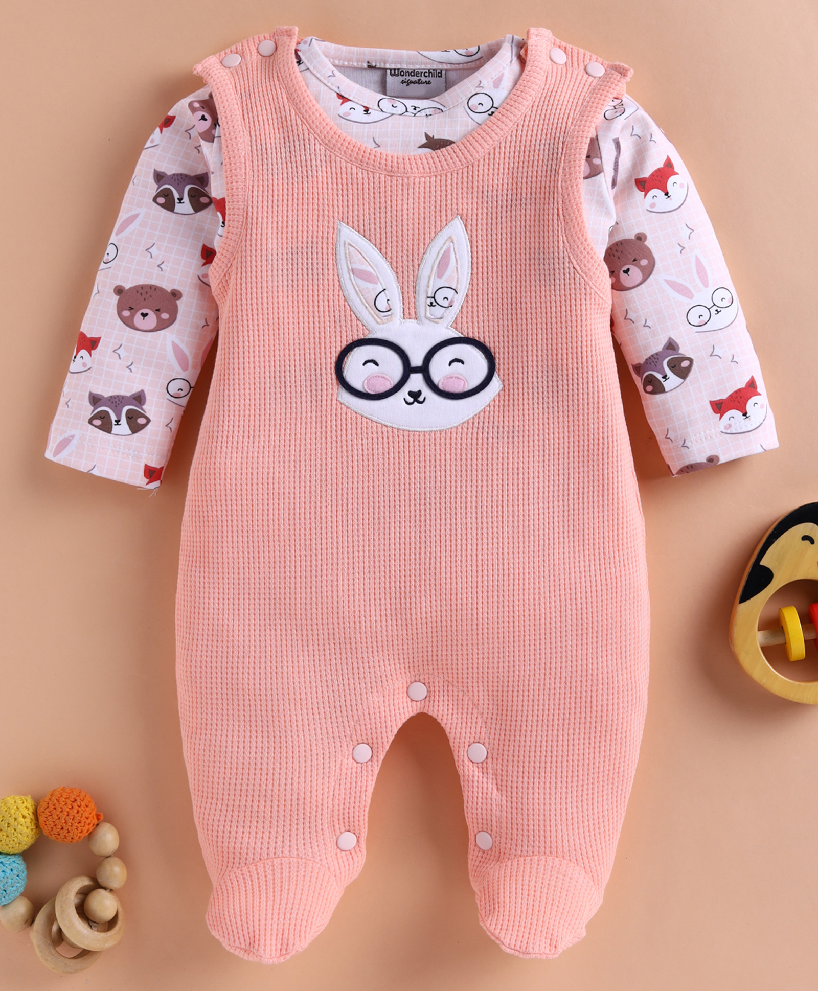 Wonderchild Full Sleeves Bunny Embroidered Footed Sleepsuit With Animals Printed Tee - Peach-image-20