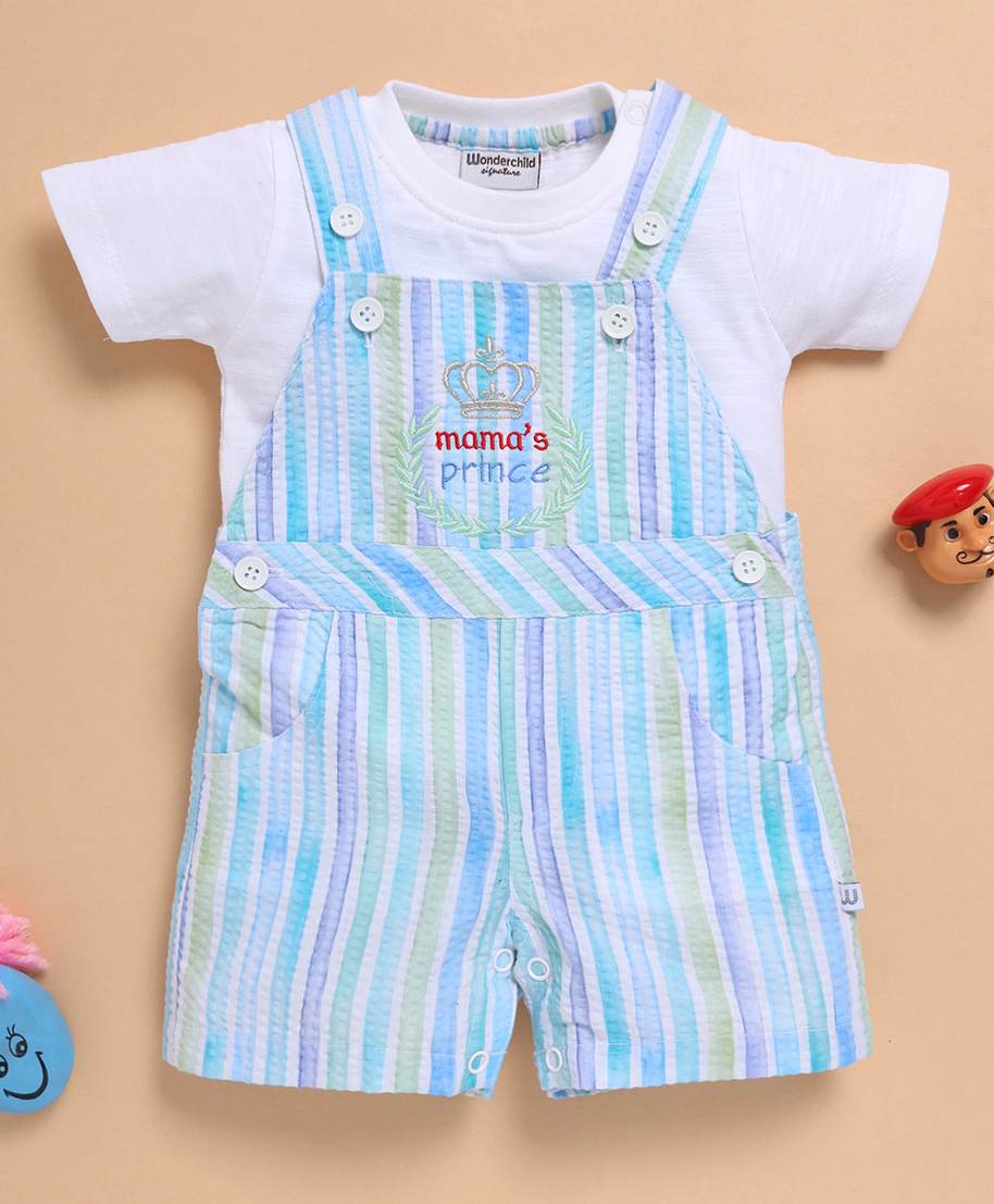Wonderchild Striped & Typography Embroidered Dungaree With Half Sleeves Solid Tee - White & Multi Colour-image-3