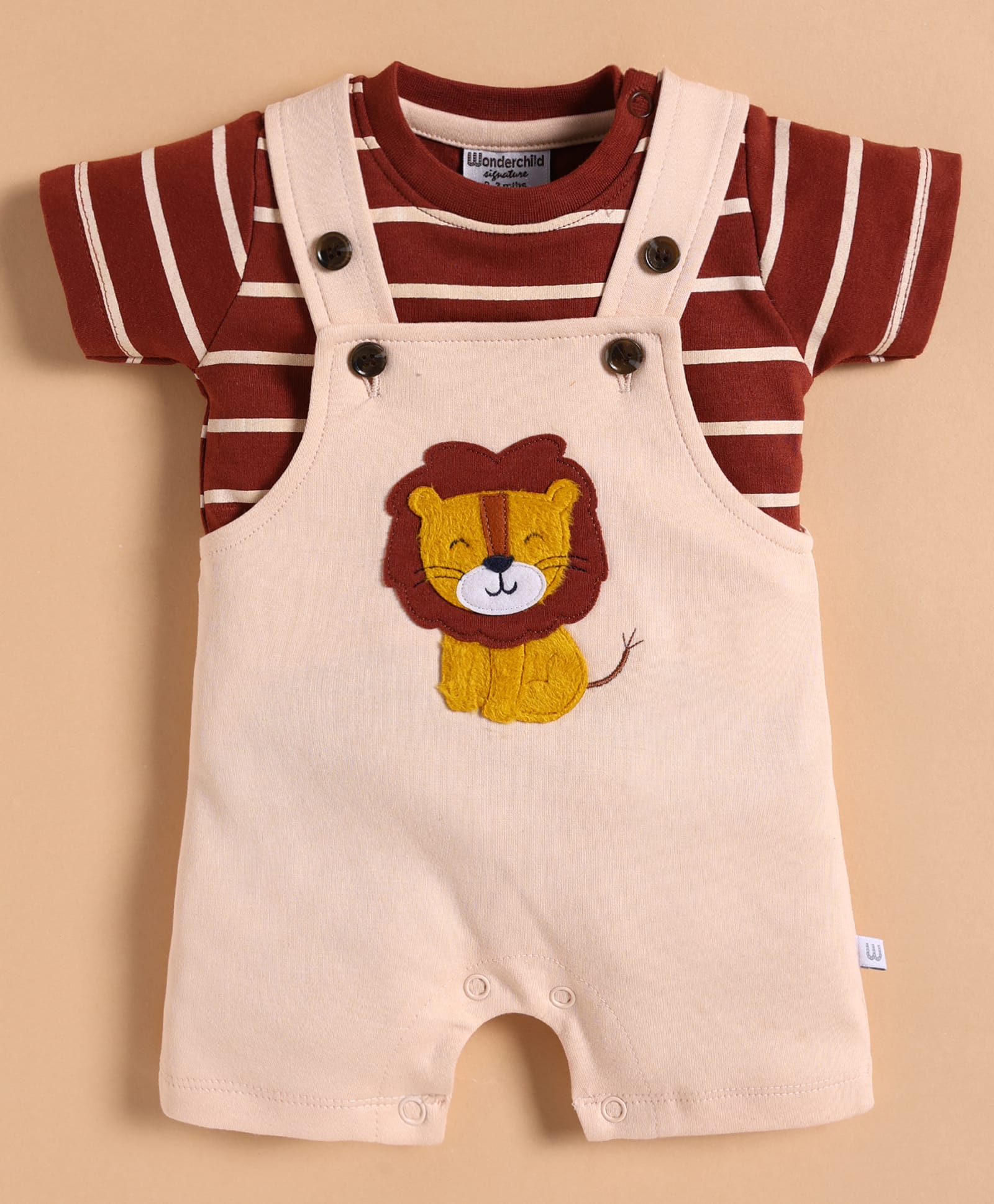 Wonderchild Half Sleeves Lion Applique Detailed Dungaree With Striped Tee - Brown & Fawn