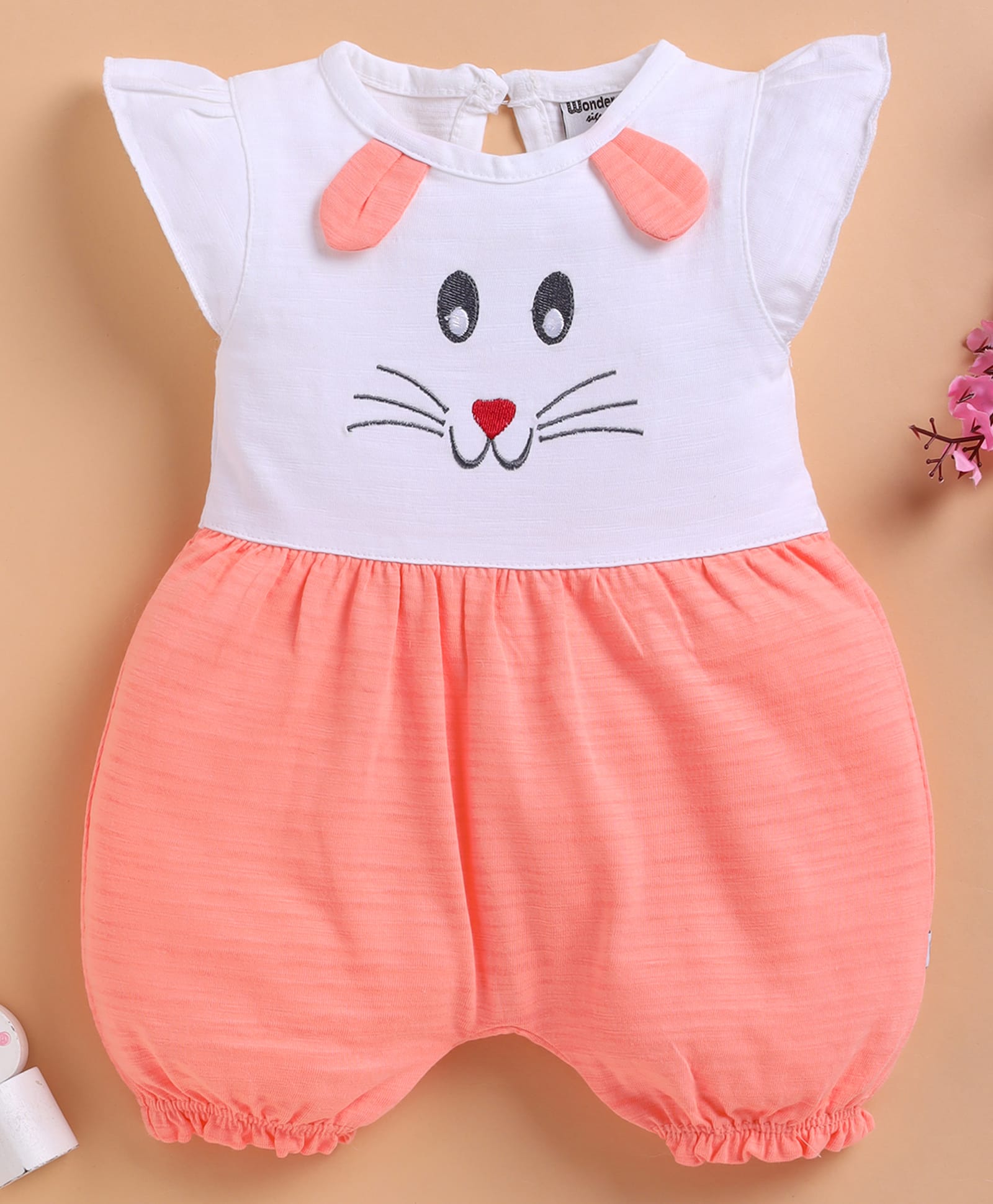 Wonderchild Cap Sleeves Colour Blocked Bunny Face Applique Detailed Romper - White & Deep Peach-image-37