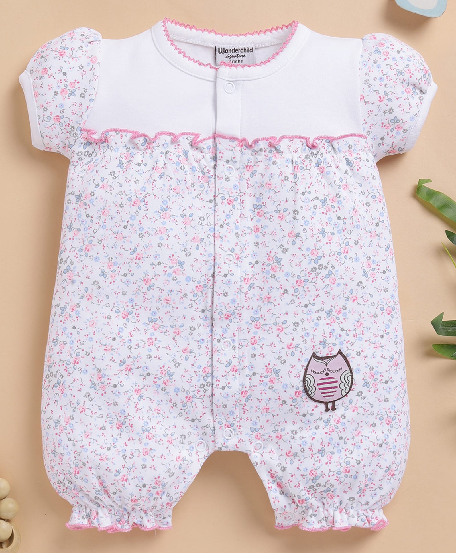 Wonderchild Half Puffed Sleeves Floral Printed Owl Applique Detailed Romper - White-image-35