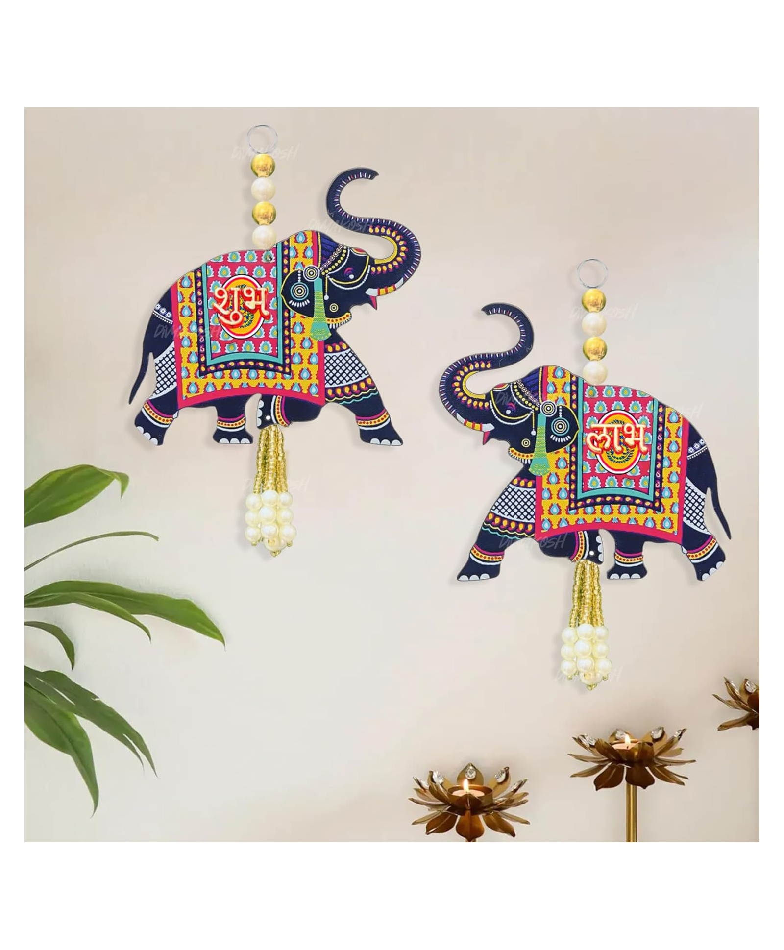 Divyakosh Decorative Elephant Wall Hanging Set, Traditional Shubh Labh Colorful Elephant Decor with Beads & Tassels, Door, Wall & Home Decoration for Diwali, Navratri, Festival, Set of 2-image-33