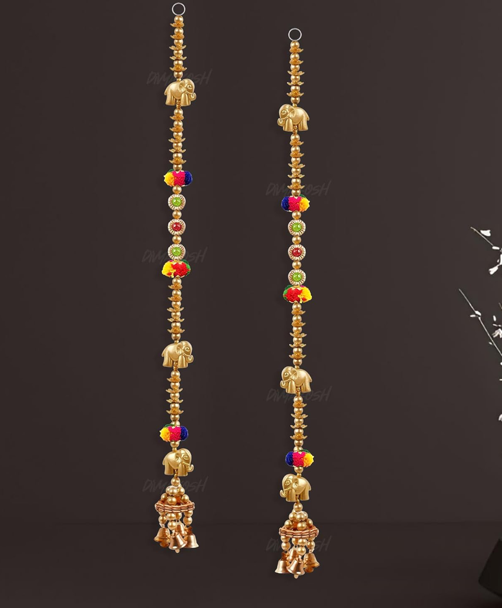 Divyakosh Decorative Elephant Wall Hanging with Beads & Mini Bells | Traditional Golden Elephant Latkan for Door, Window, Home Entrance, Pooja Room & Festivals | Colorful Pom-Poms, (Set of 2)-image-37