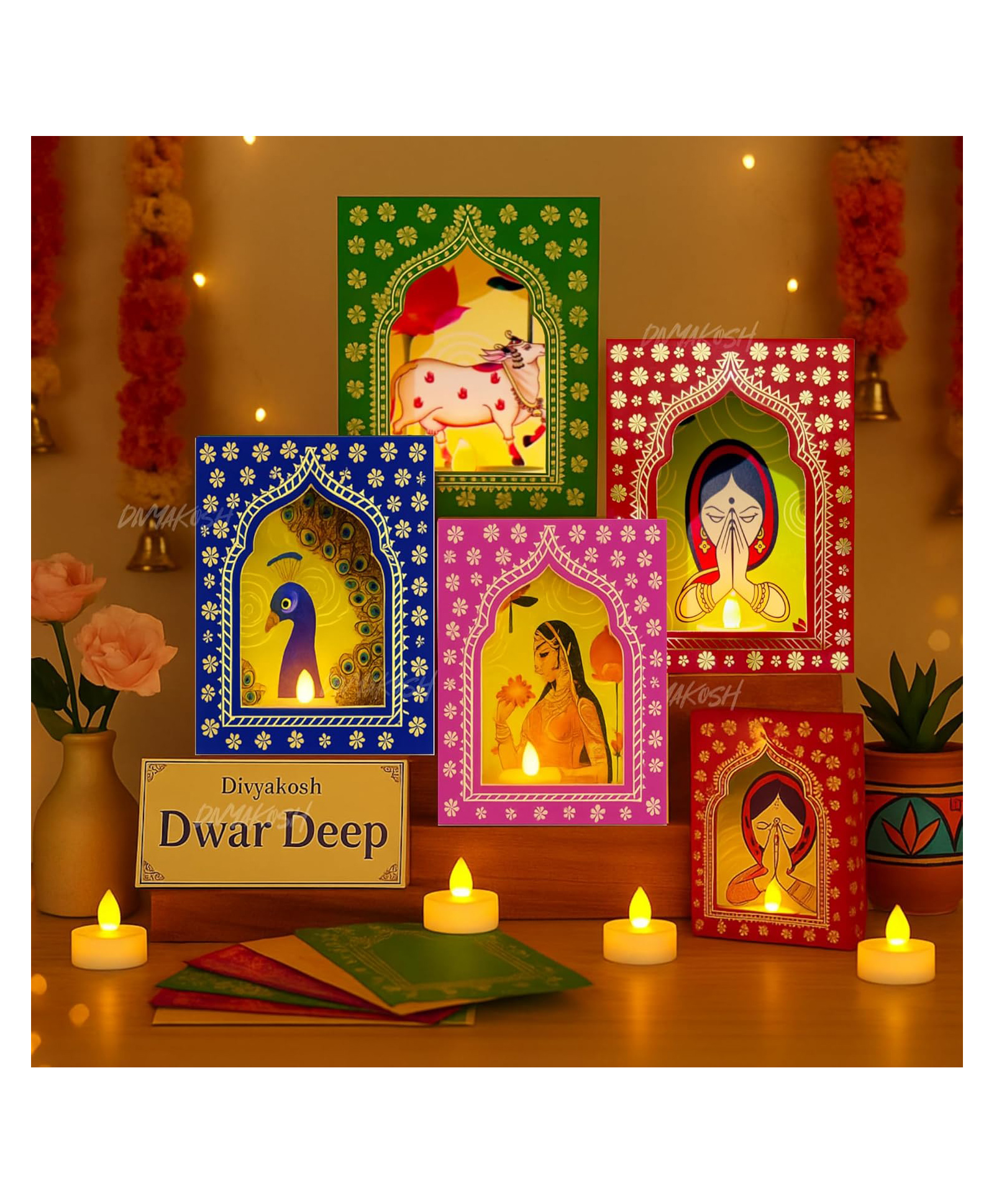 Divyakosh Paper Deep Dwar (Pack of 4) With LED Candles | Jharokha Style Home Decor Item, Ganpati Diwali Decor, Pooja/VAR Laxmi Decoration | Wall Decor, Stairs Decoration, Easy DIY Craft |White-image-2