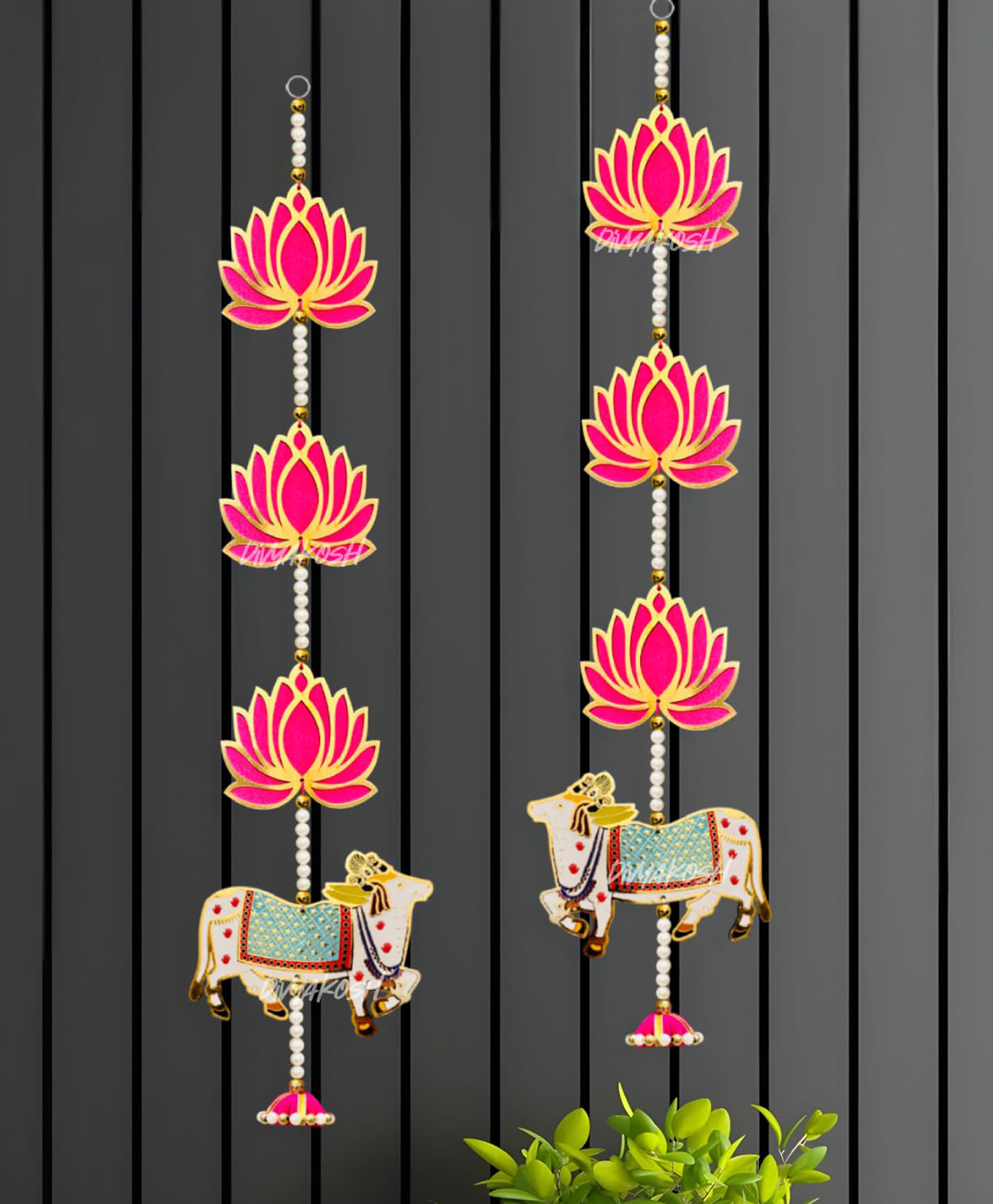 Divyakosh Lotus Cow Decorative Hanging | 25-Inch Lotus Latkan with Kamdhenu Cow Motif for Door, Wall & Pooja Room | Traditional Festive Home Decor for Diwali, Navratri & Mandir (Set of 2)-image-2