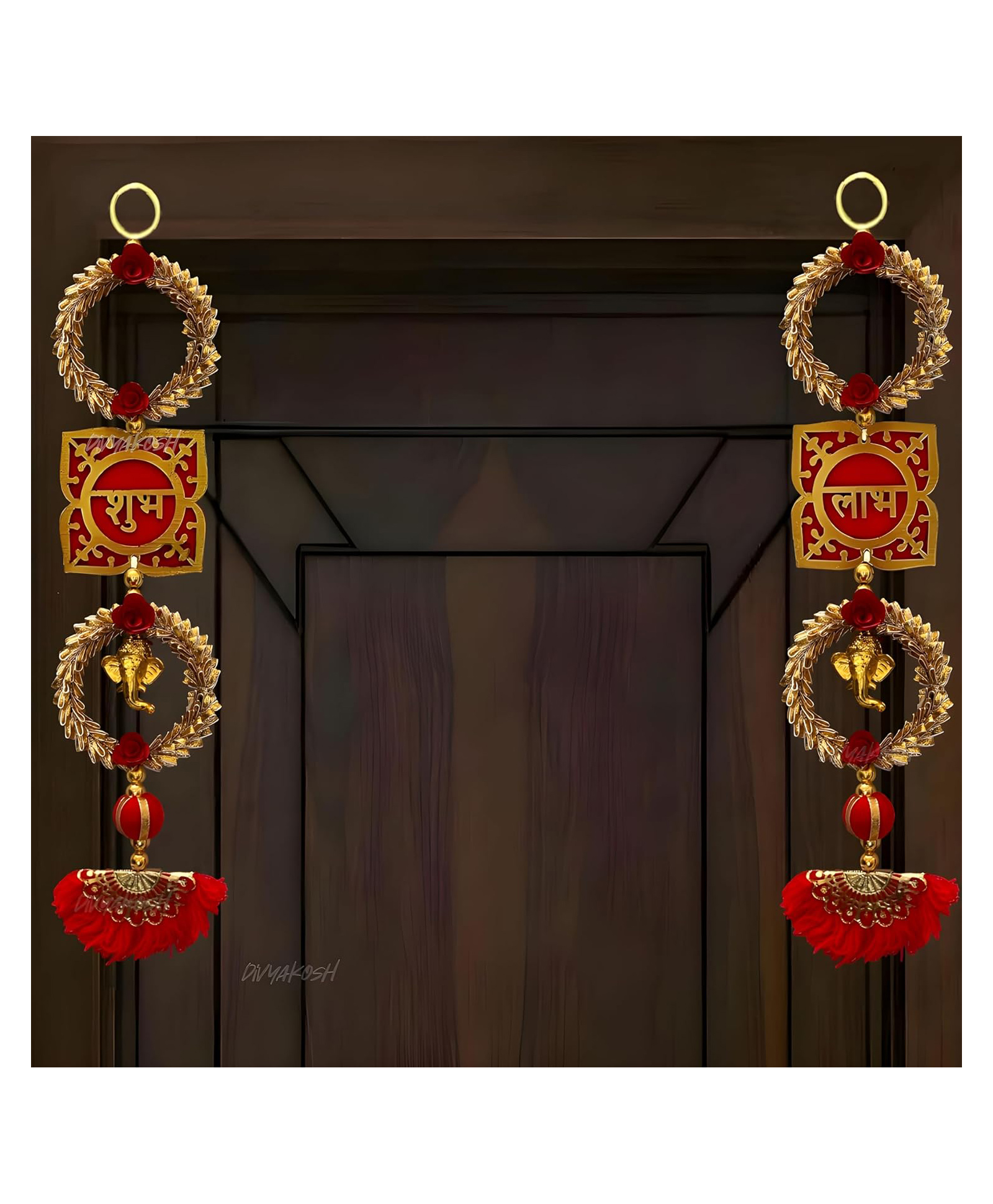 Divyakosh Wood shubh labh for Door Entrance (1 Pair)Golden Side Door hangings,toran for Home Decoration, Door Tags, Diwali Shoon/Soohn/Shun for Home mandir-image-5