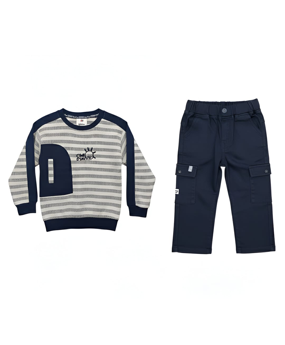 CRUNCHY NACHOS Knitted Knit Full Sleeves Striped Typography Embroidered Winter Sweatshirt & Pants Set - Navy Blue-image-0