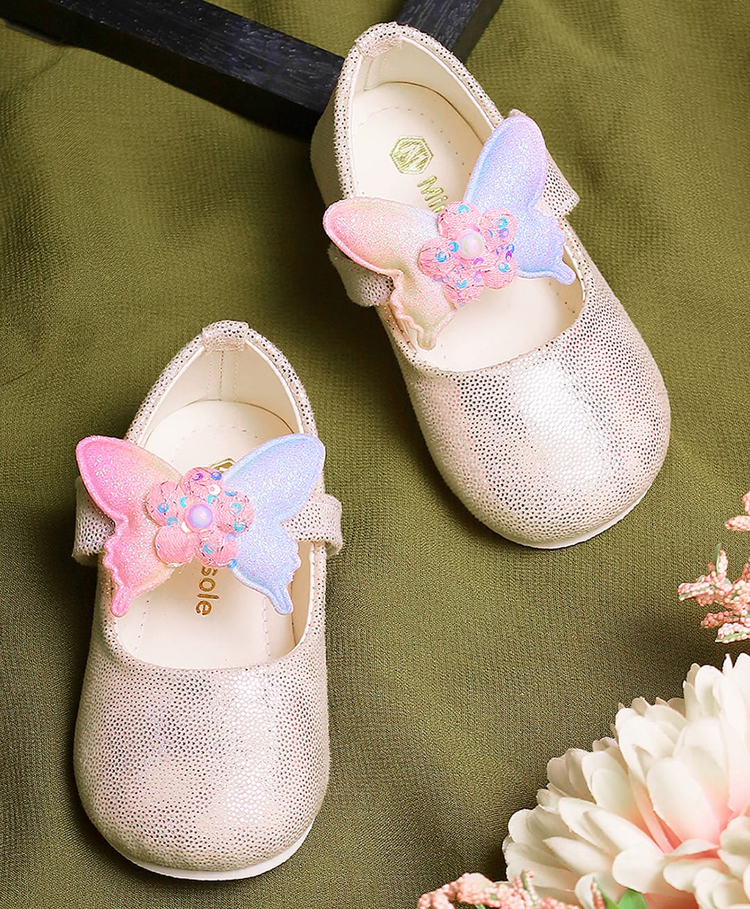 Mine Sole Glitter Embellished Floral & Butterfly Applique Detailed Velcro Closure Ballerinas - Silver-picture-22