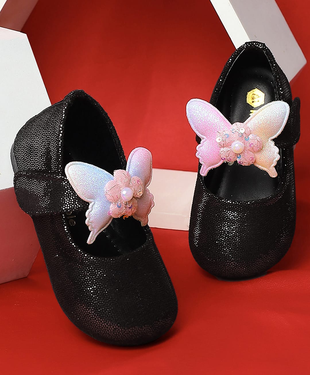 Mine Sole Glitter Embellished Floral & Butterfly Applique Detailed Velcro Closure Ballerinas - Black-picture-25