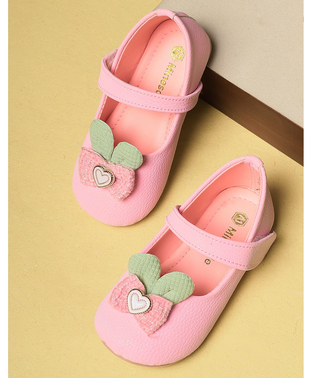 Mine Sole Glitter Metal Heart & Bow Applique Detailed Velcro Closure Ballerinas - Pink-image-21