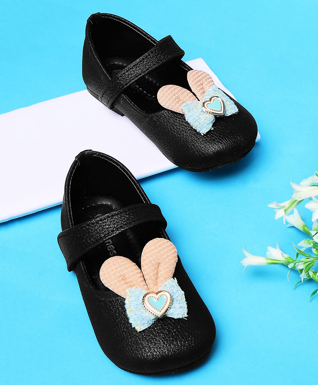 Mine Sole Bow Applique Detailed & Bunny Ear Detailed Velcro Closure Mary Jane Ballerinas - Black-image-41