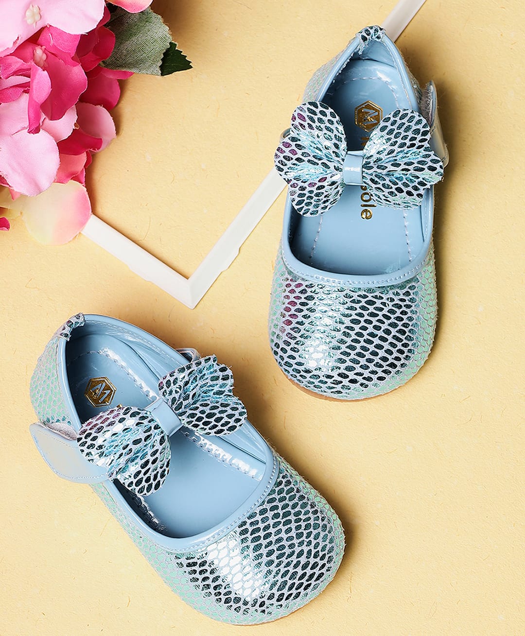 Mine Sole Bow Applique & Mesh Detailed Velcro Closure Mary Jane Ballerinas - Turkish Blue-image-25