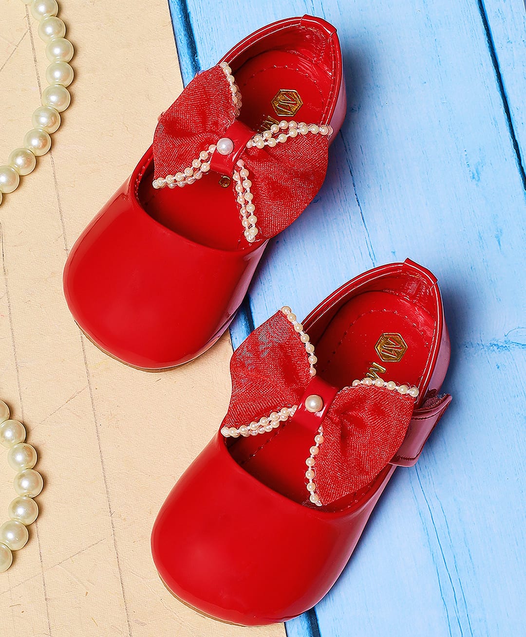 Mine Sole Pearl Embellished Bow Applique Detailed Velcro Closure Ballerinas - Red-image-6