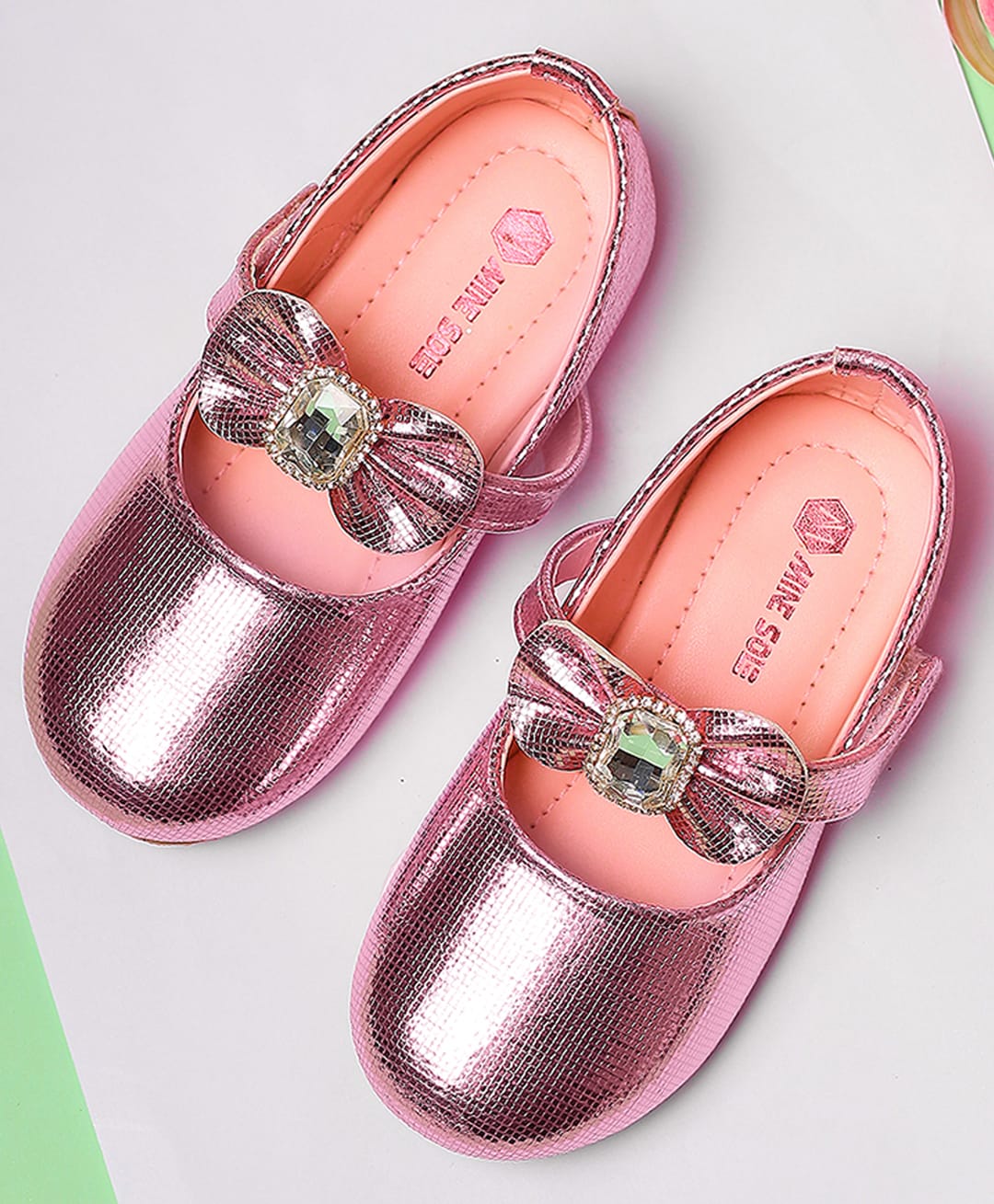 Mine Sole Stones Embellished Bow Applique Shimmer Detailed Velcro Closure Ballerinas - Pink-image-44