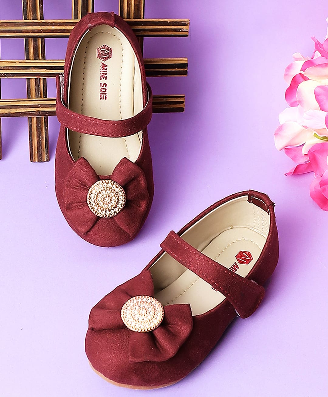 Mine Sole Bow Applique Velcro Closure Ballerinas - Maroon-image-32