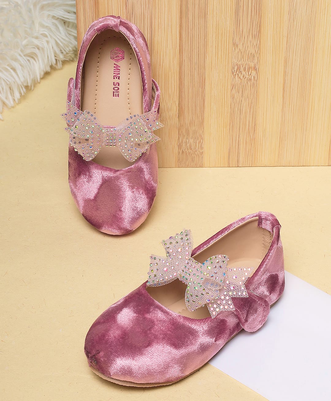 Mine Sole Stone Bow Applique Velcro Closure Ballerina - Pink-picture-12