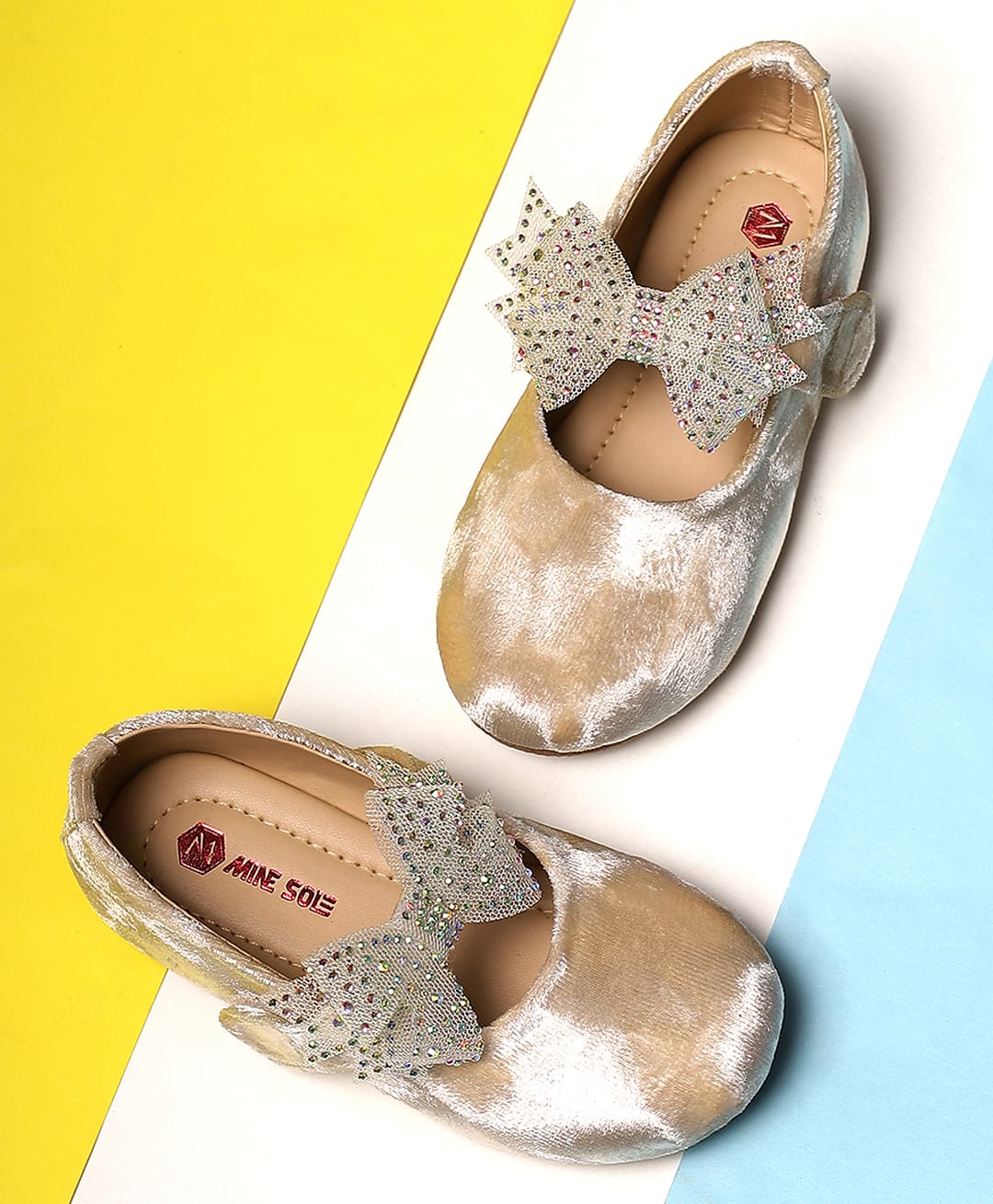 Mine Sole Stone Bow Applique Velcro Closure Ballerina - Gold-image-35