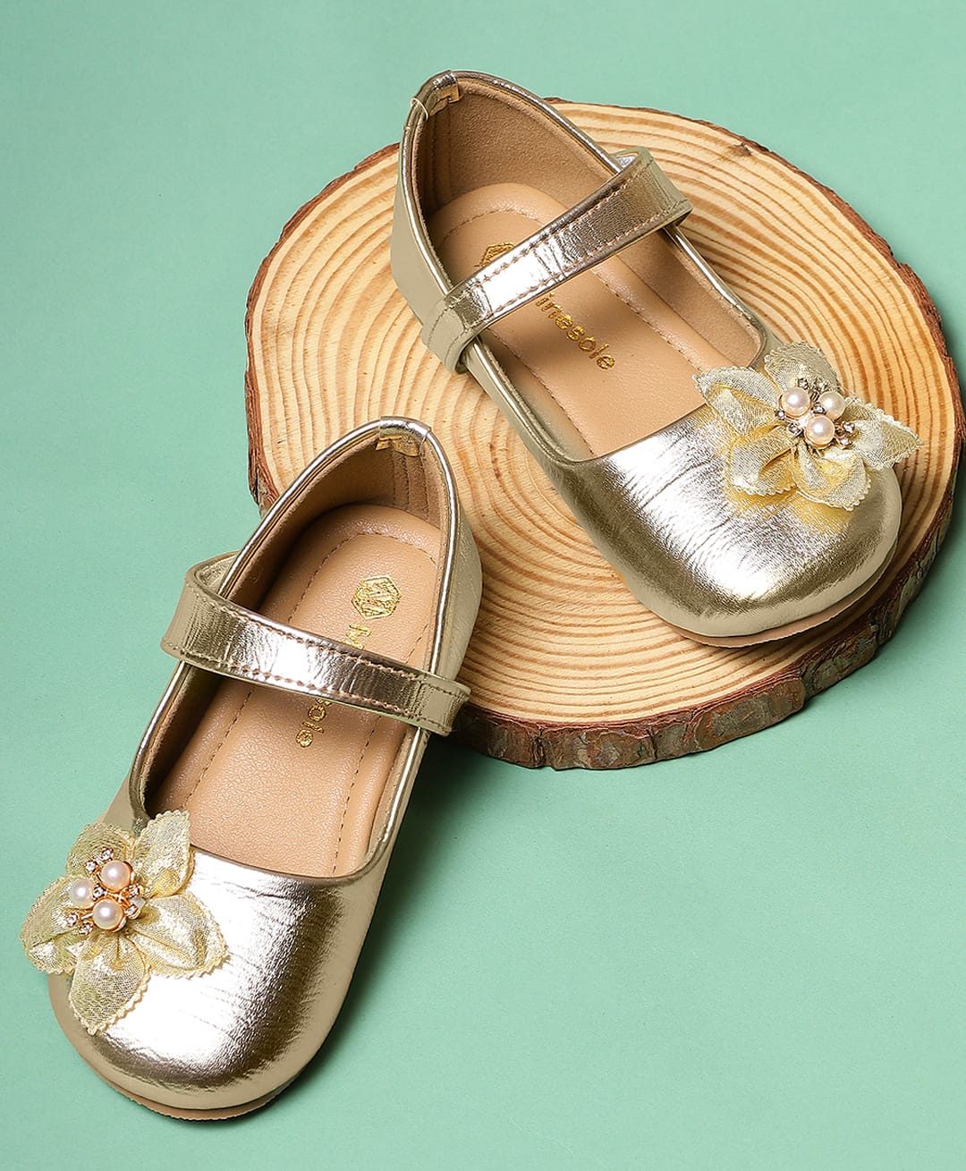 Mine Sole Floral & Pearl Bow Applique Velcro Closure Ballerina - Gold-picture-22