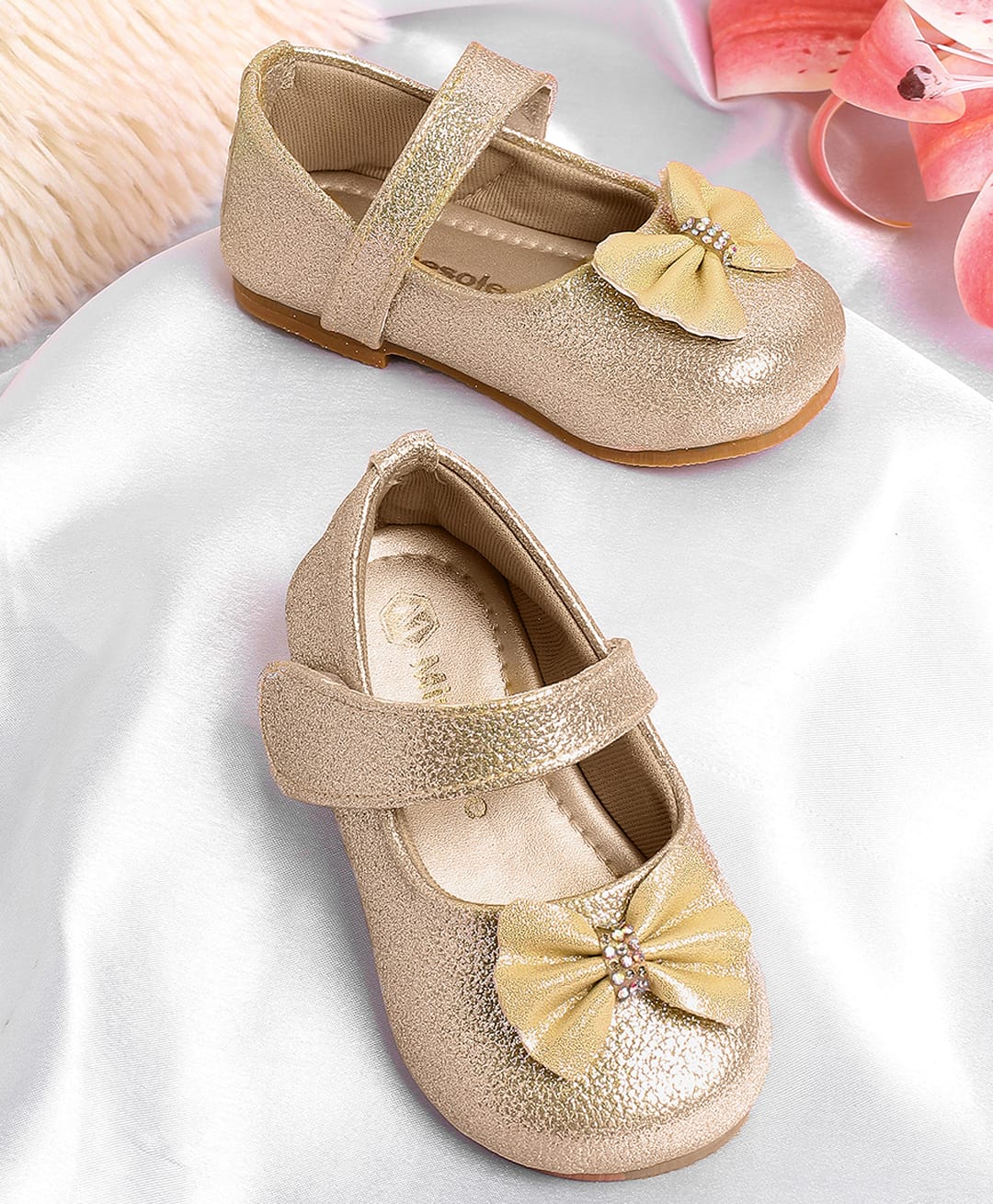 Mine Sole Stone & Bow Applique Velcro Closure Ballerina - Golden-picture-12